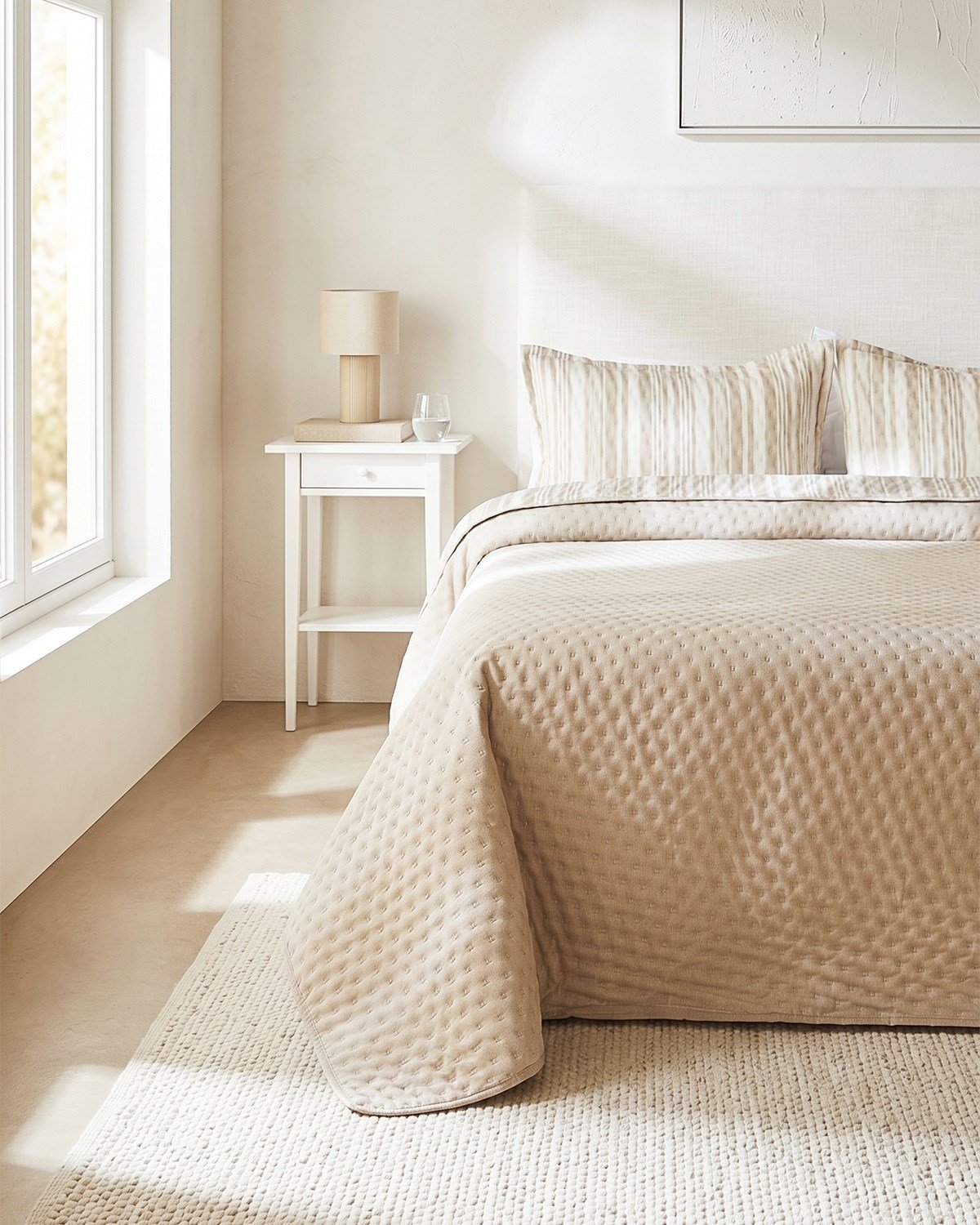 Pamuklu Kapitoneli Bej Renk Çizgi Desen Çift Kişilik Yatak Örtüsü Seti 1 Adet 250 x 230 / 2 Adet 50 x 70 cm