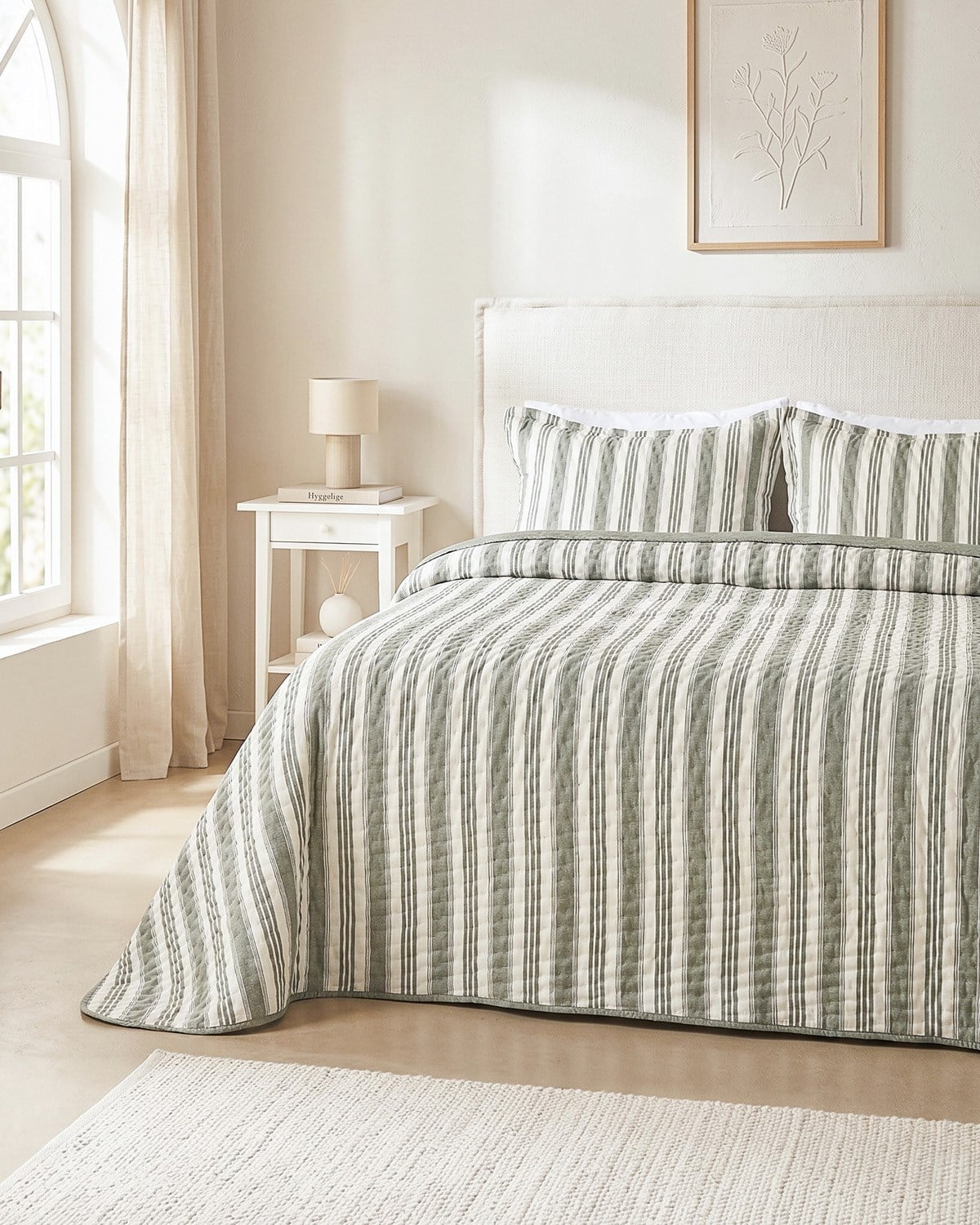 Pamuklu Kapitoneli Haki Renk Çizgi Desen Çift Kişilik Yatak Örtüsü Seti 1 Adet 250 x 230 / 2 Adet 50 x 70 cm