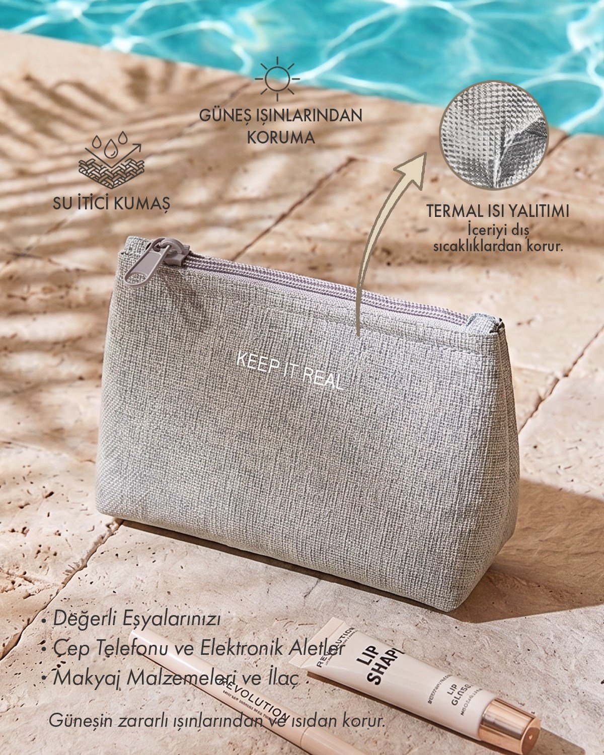 Termal Astarlı Su İtici Leke Tutmaz Gri Renk Jüt Keten Makyaj İlaç Çantası 15 x 11 x 6 cm