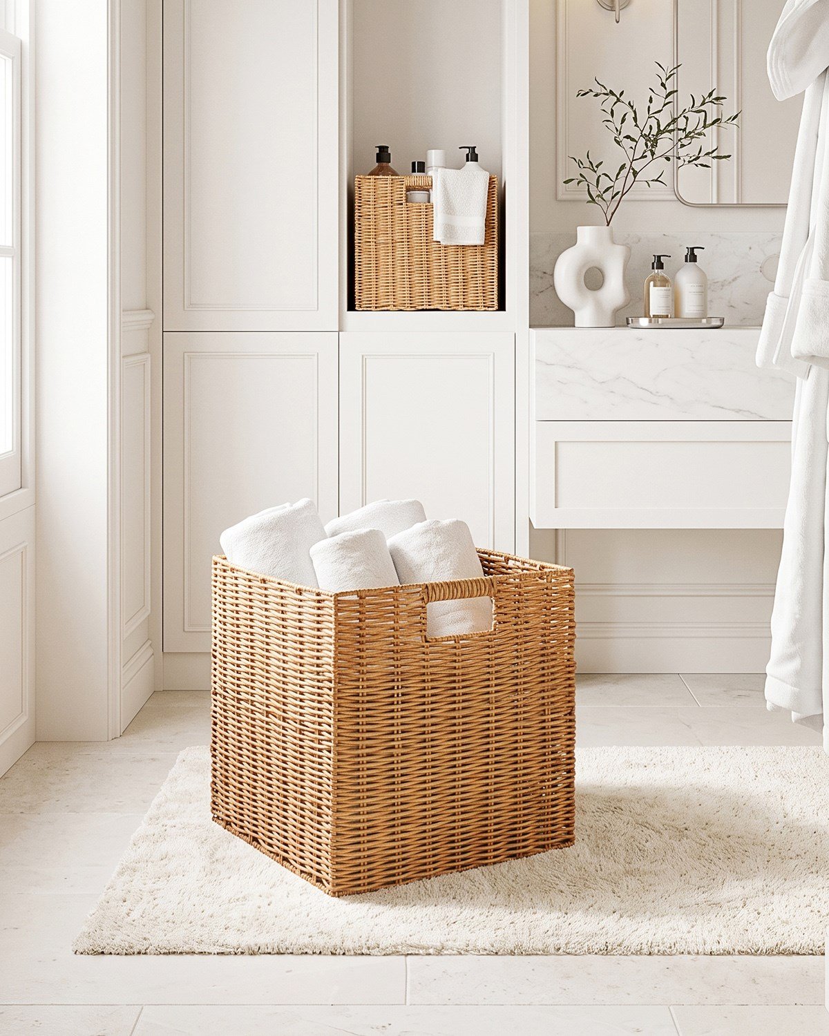 Yıkanabilir Bej PP Rattan Sepet 33 x 33 x 33 cm