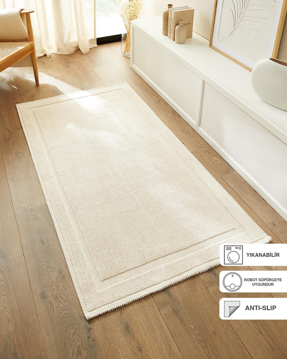 Yıkanabilir Pamuklu Ekru Renk Kilim 80 x 150 cm