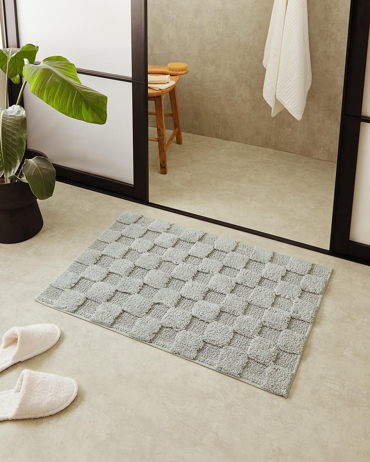 Yıkanabilir Pamuklu Gri Renk Dama Desen Paspas 60 x 90 cm