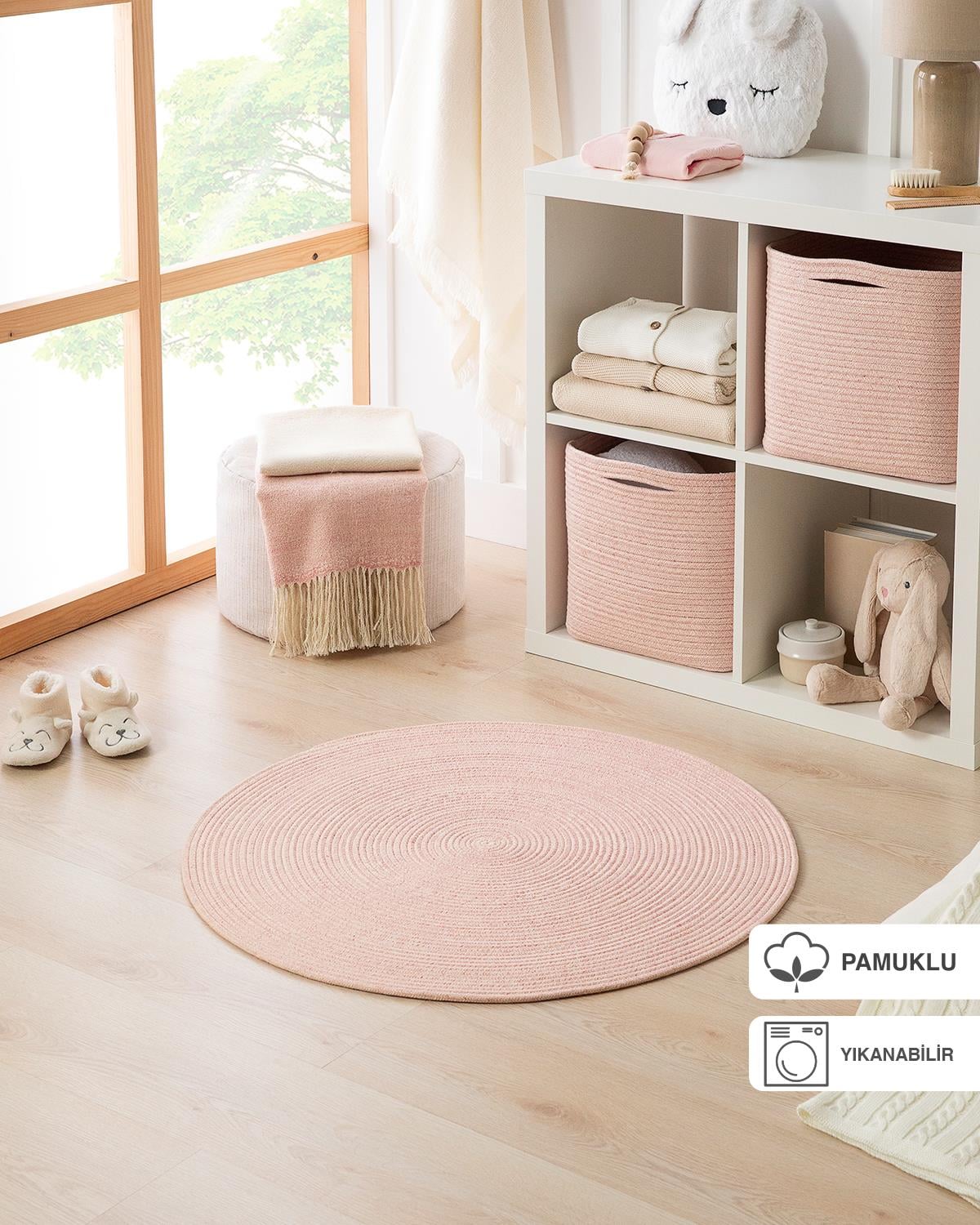 Yıkanabilir Pembe Kırçıllı Pamuklu Halı Kilim Ø 80 cm