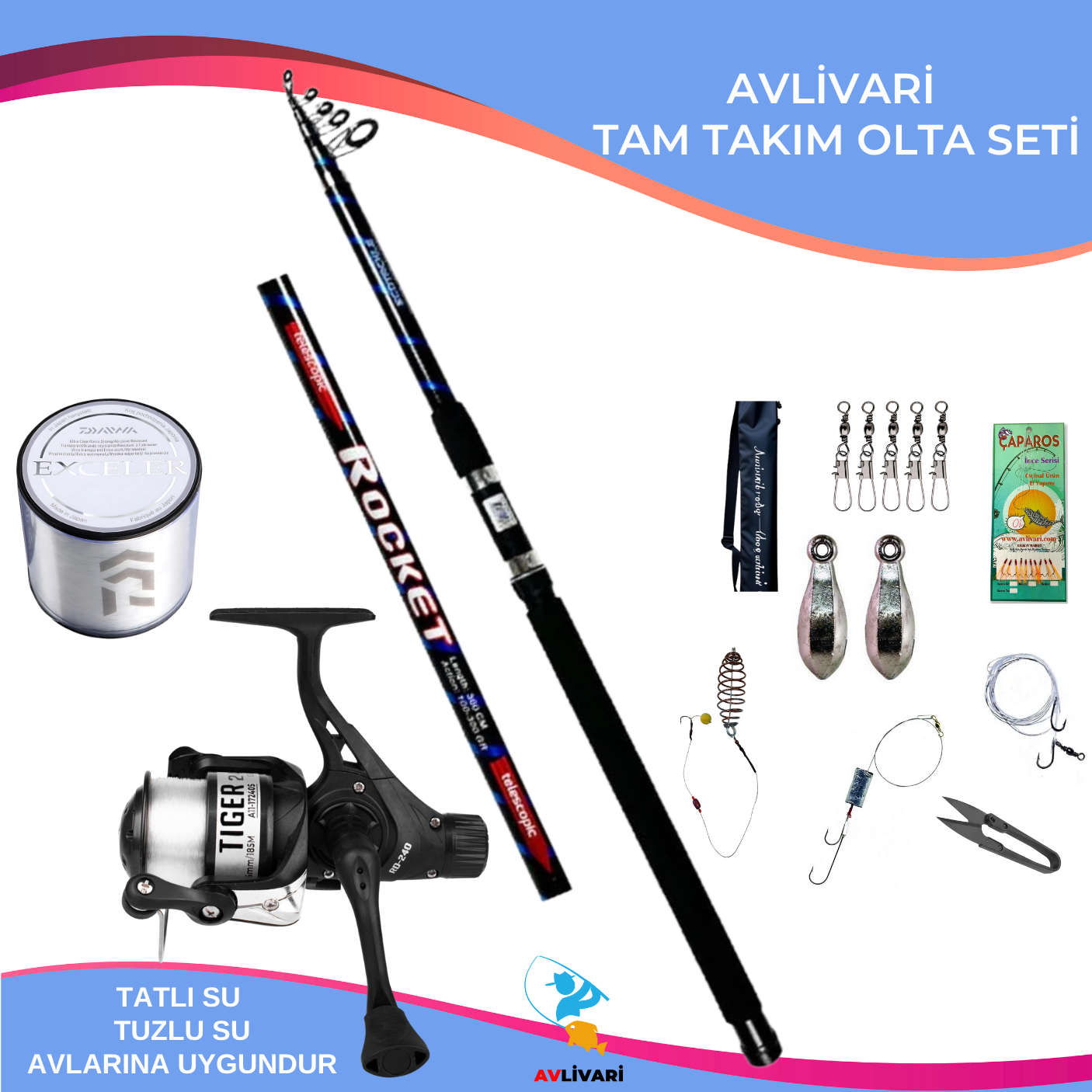 Avlivari Eco Tackle Rocket 300 cm 100-300 gr Olta Kamışı - Tiger 4000 Olta Makinası Tam Takım Kıyı Hobi Olta Seti