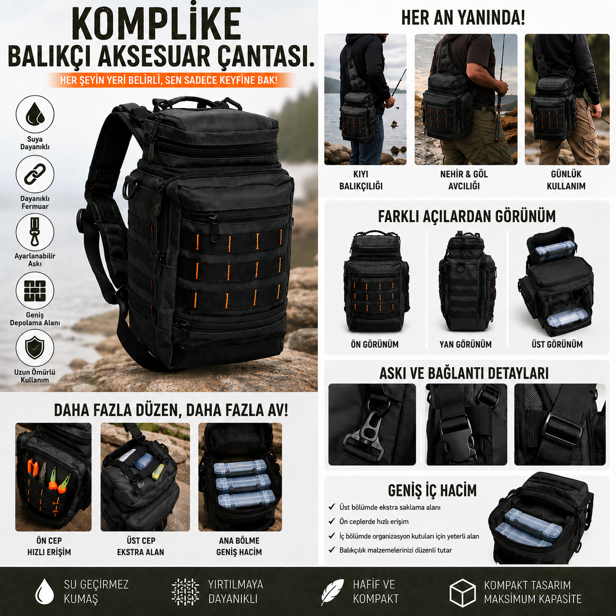 Avlivari Lüx Spin-Lrf Komplike Balıkçı Aksesuar Yan Bel Çantası SİYAH