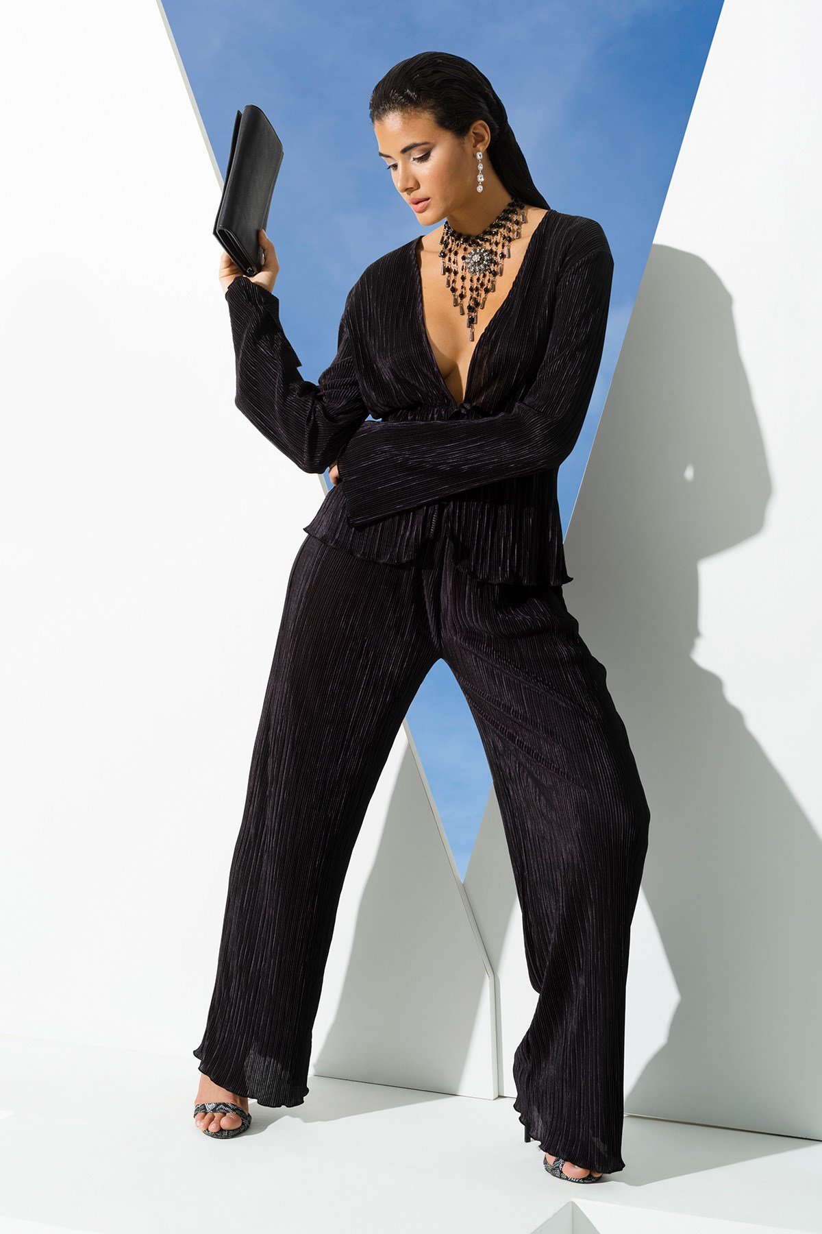 For You Sleepwear/For You Moda For You İn&Out For You İn&Out 2 li Piliseli Siyah Bluz Pantolon Takım 