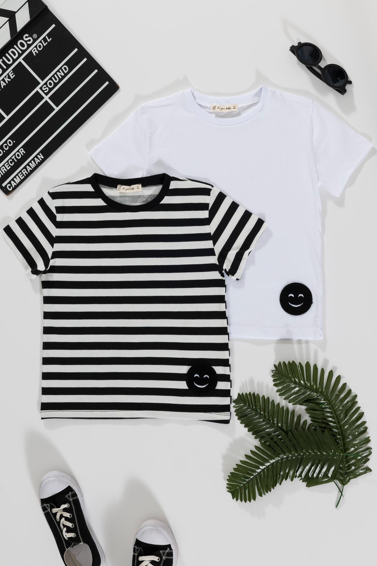 For You Kids 2'li Emoji Cizgili Siyah Tshirt For You Kids 2'li Emoji Cizgili Siyah Beyaz Tshirt