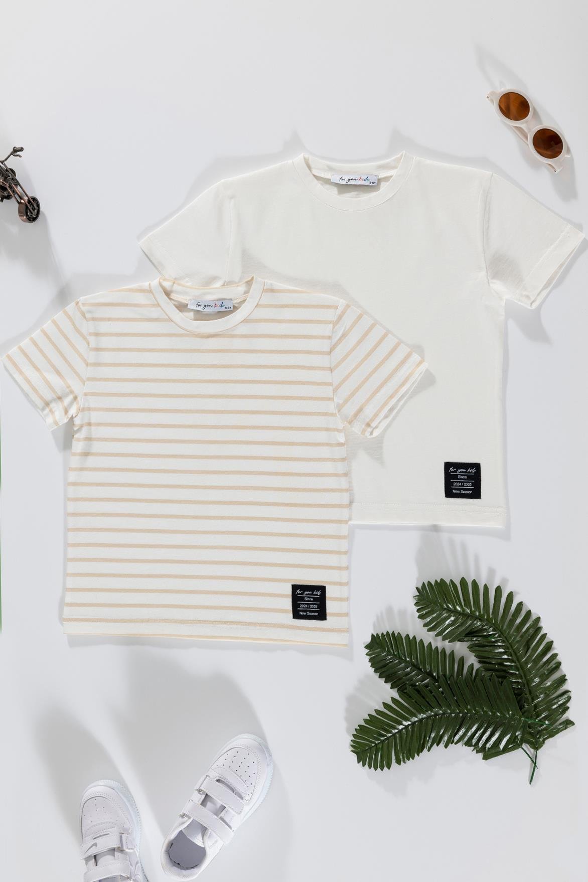 For You Kids 2'li Etiket Detaylı Cizgili Taş Ekru T-shirt For You Kids 2'li Etiket Detaylı Cizgili Taş Ekru T-shirt