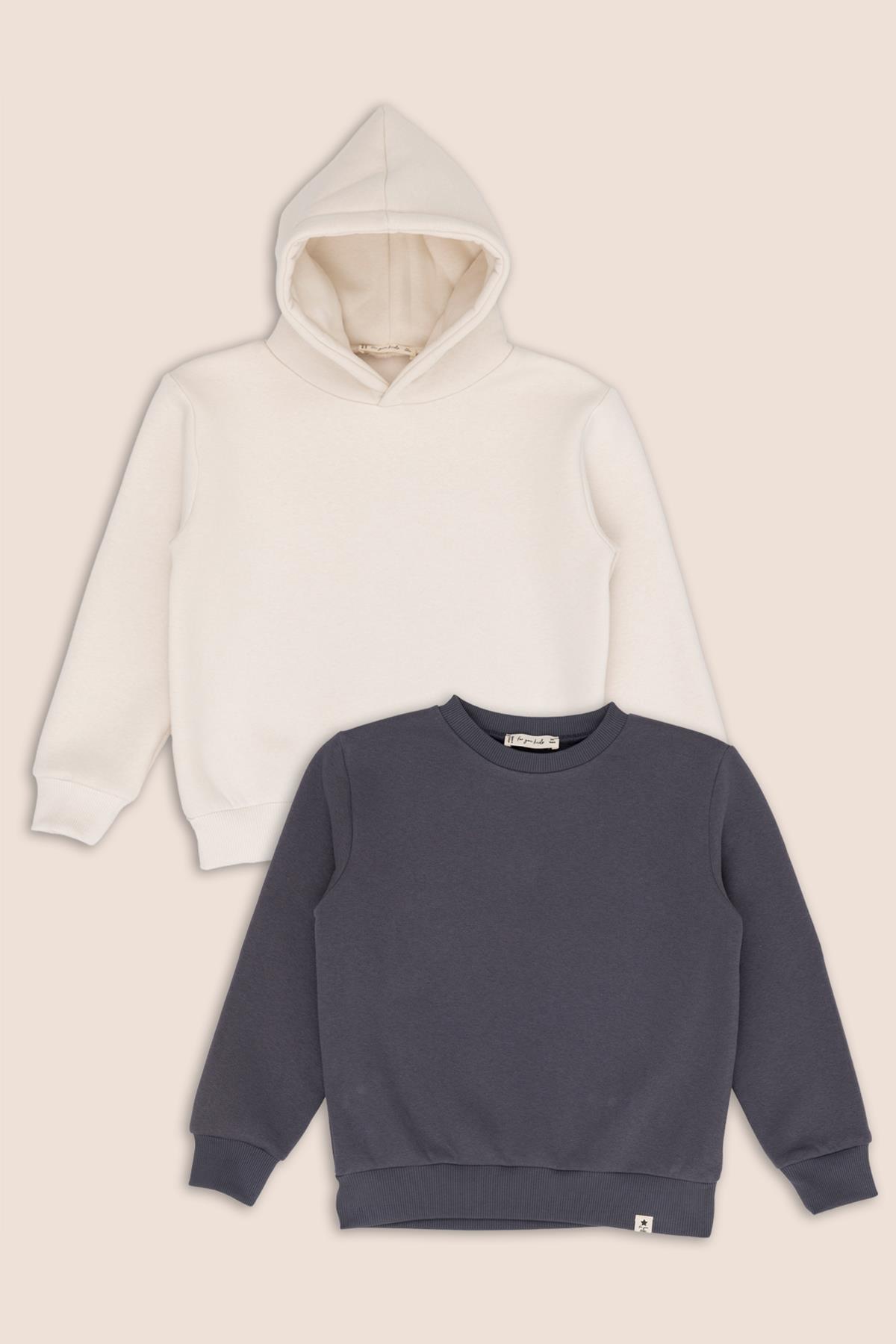 For You Kids 2'li Gri Bisiklet Yaka ve Ekru Kapişonlu  Kız Çocuk Sweatshirt For You Kids 2'li Gri Bisiklet Yaka ve Ekru Kapişonlu  Kız Çocuk Sweatshirt