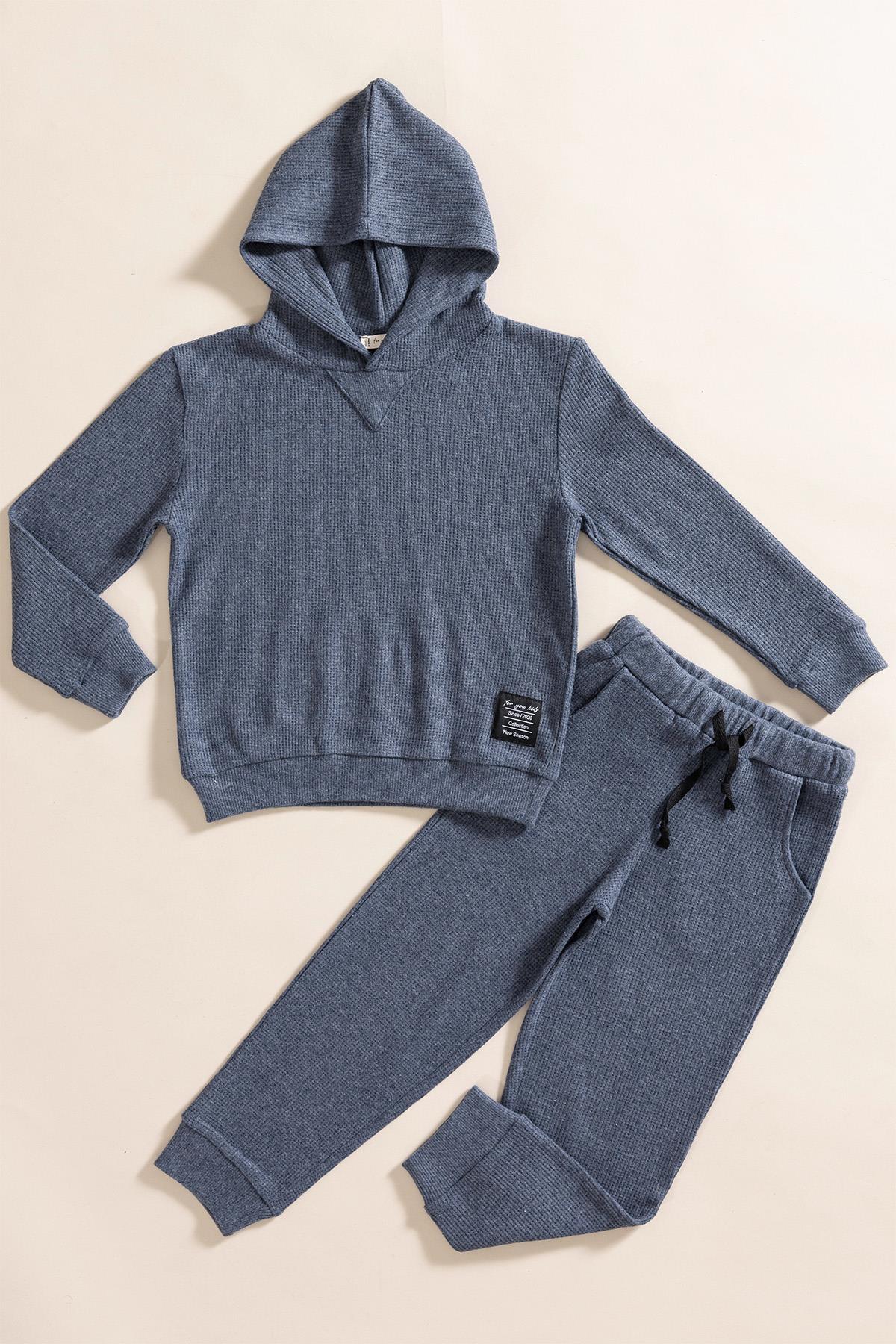 For You Kids 2'li Kapişonlu İndigo Waffle Sweat Jogger Alt Üst Takım For You Kids 2'li Kapişonlu İndigo Waffle Sweat Jogger Alt Üst Takım
