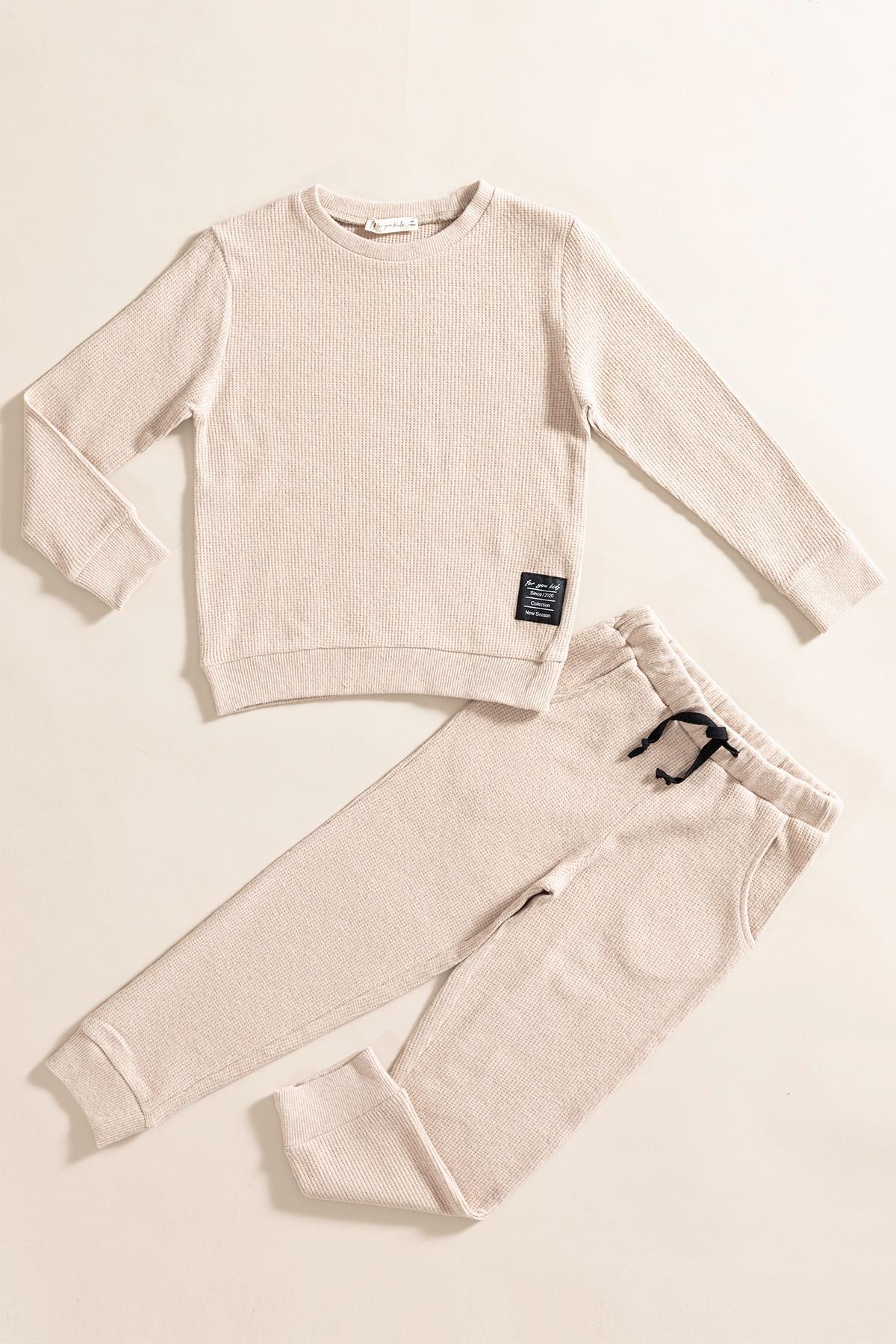 For You Kids 2'li Pamuk Waffle Sweat Jogger Taş Alt Üst Takım For You Kids 2'li Pamuk Waffle Sweat Jogger Taş Alt Üst Takım 
