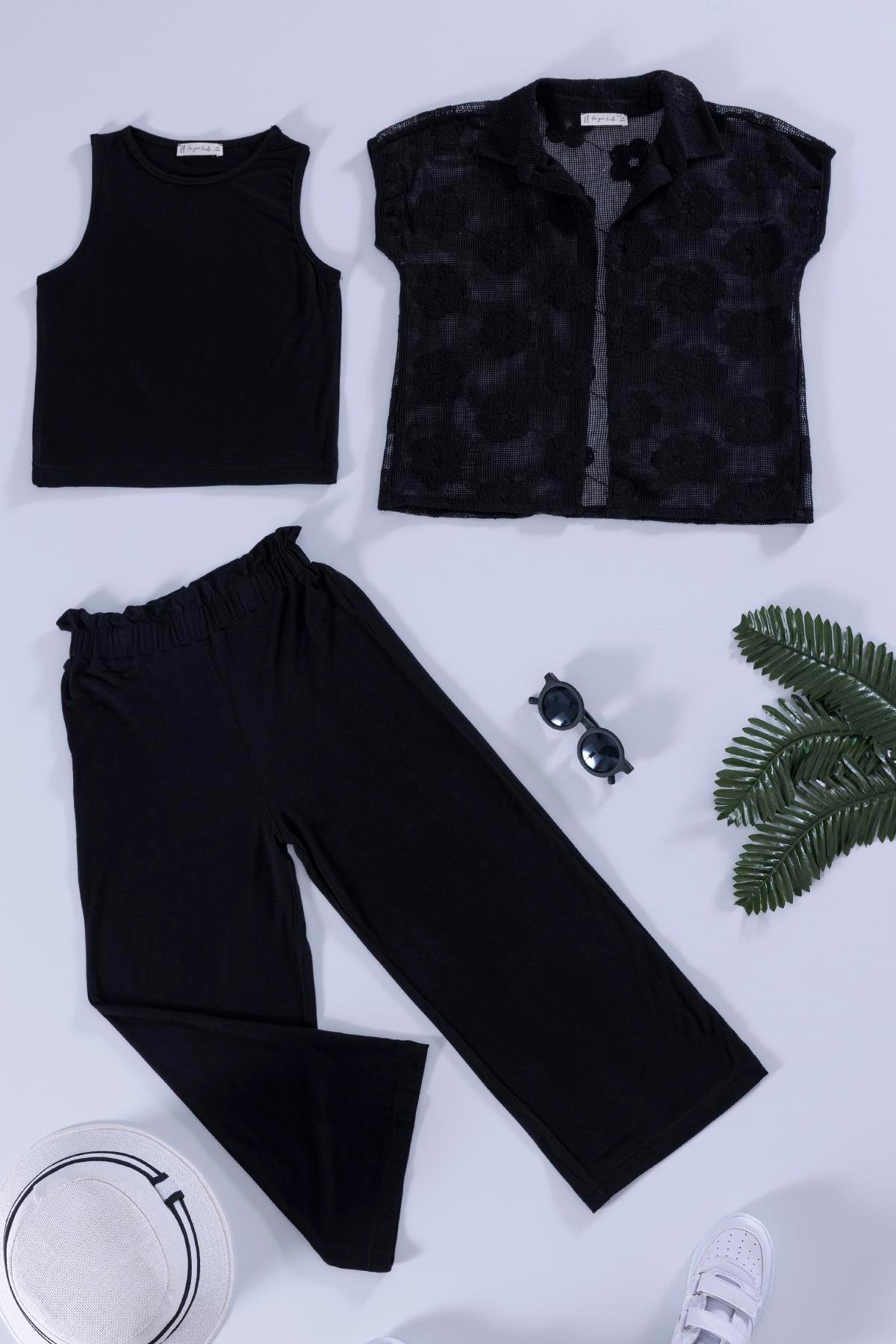 For You Kids 3'lü Çiçek Brodeli Siyah Gömlek Tshirt Pantolon Takım For You Kids 3'lü Çiçek Brodeli Siyah Gömlek Tshirt Pantolon Takım