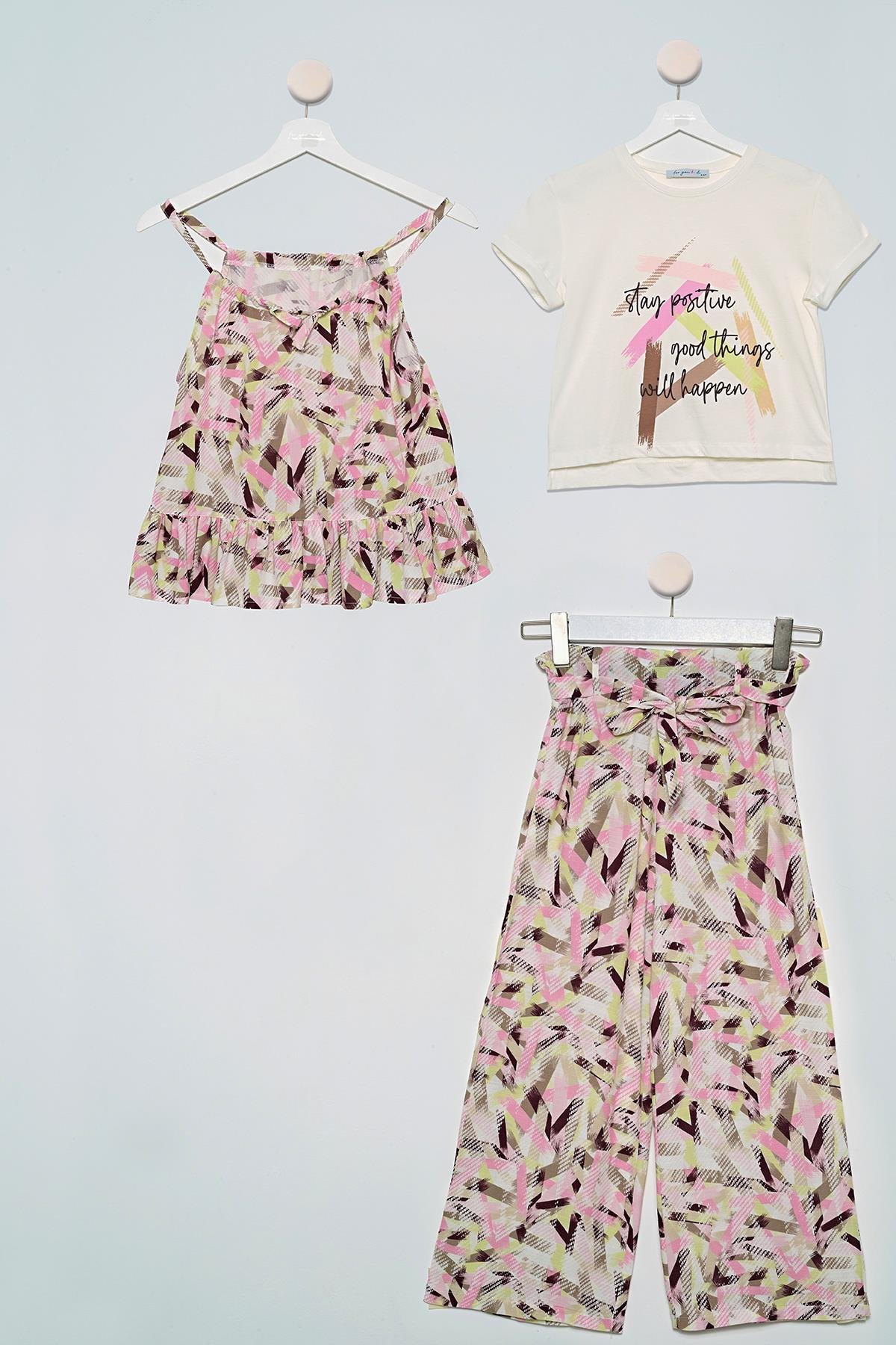 3'lü Desenli Bluz Tshirt Pantolon Ekru Takım For You Kids 3'lü Desenli Bluz Tshirt Pantolon Ekru Takım