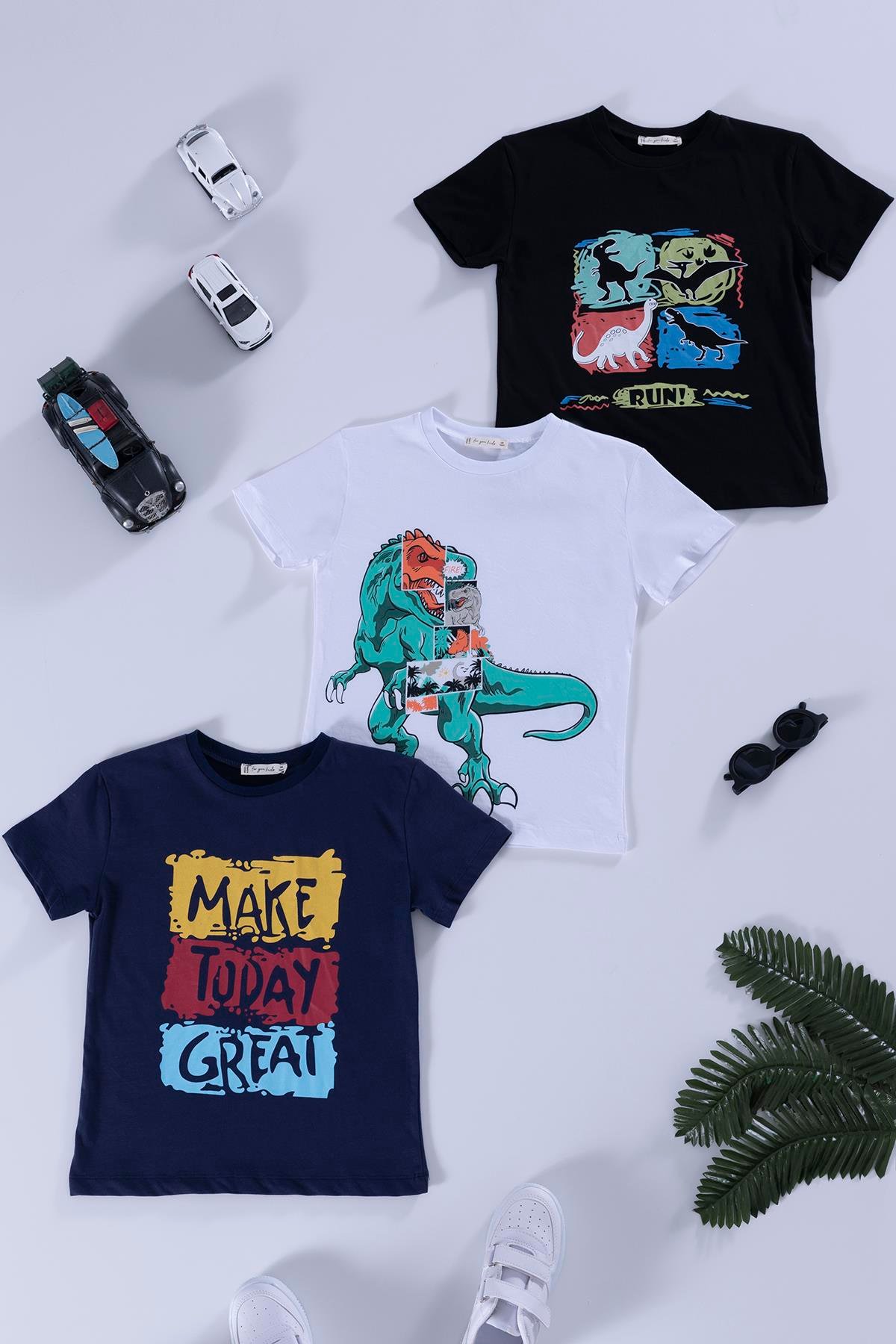 For You Kids 3'lü Dinazor Baskılı Siyah Lacivert Beyaz Tshirt For You Kids 3'lü Dinazor Baskılı Siyah Lacivert Beyaz Tshirt