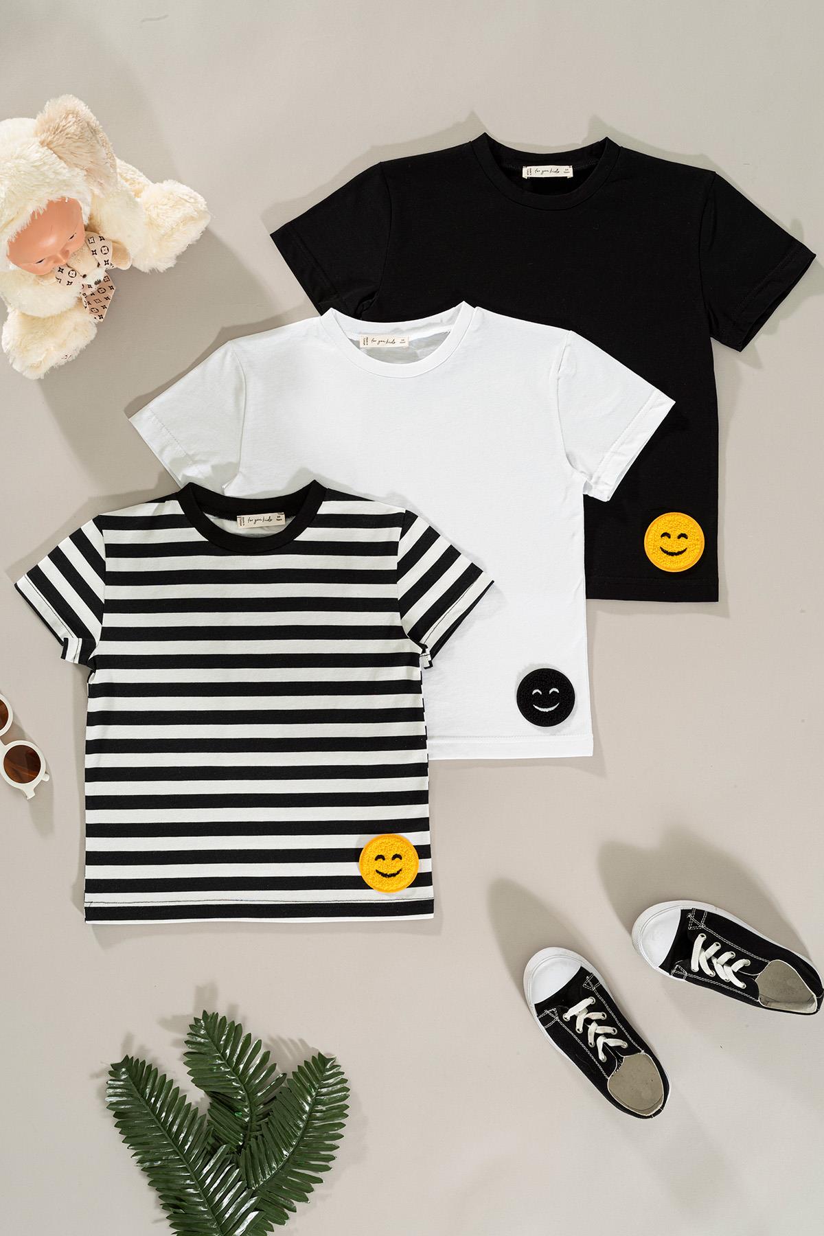 For You Kids 3'lü Emoji Detaylı Siyah Beyaz Çizgili Kız Çocuk Tshirt For You Kids 3'lü Emoji Detaylı Siyah Beyaz Çizgili Kız Çocuk Tshirt