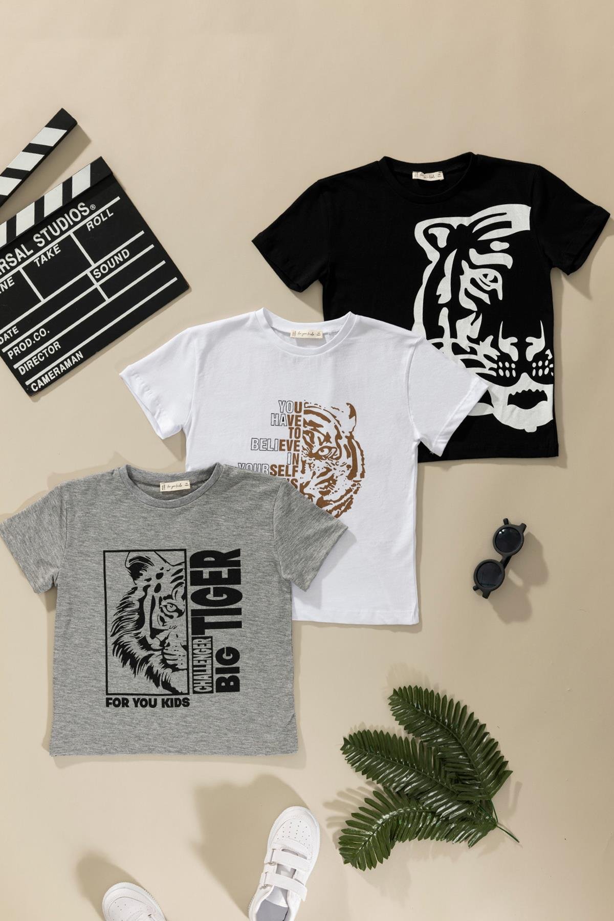 For You Kids 3'lü Kaplan Baskılı Siyah Beyaz Gri Tshirt For You Kids 3'lü Kaplan Baskılı Siyah Beyaz Gri Tshirt