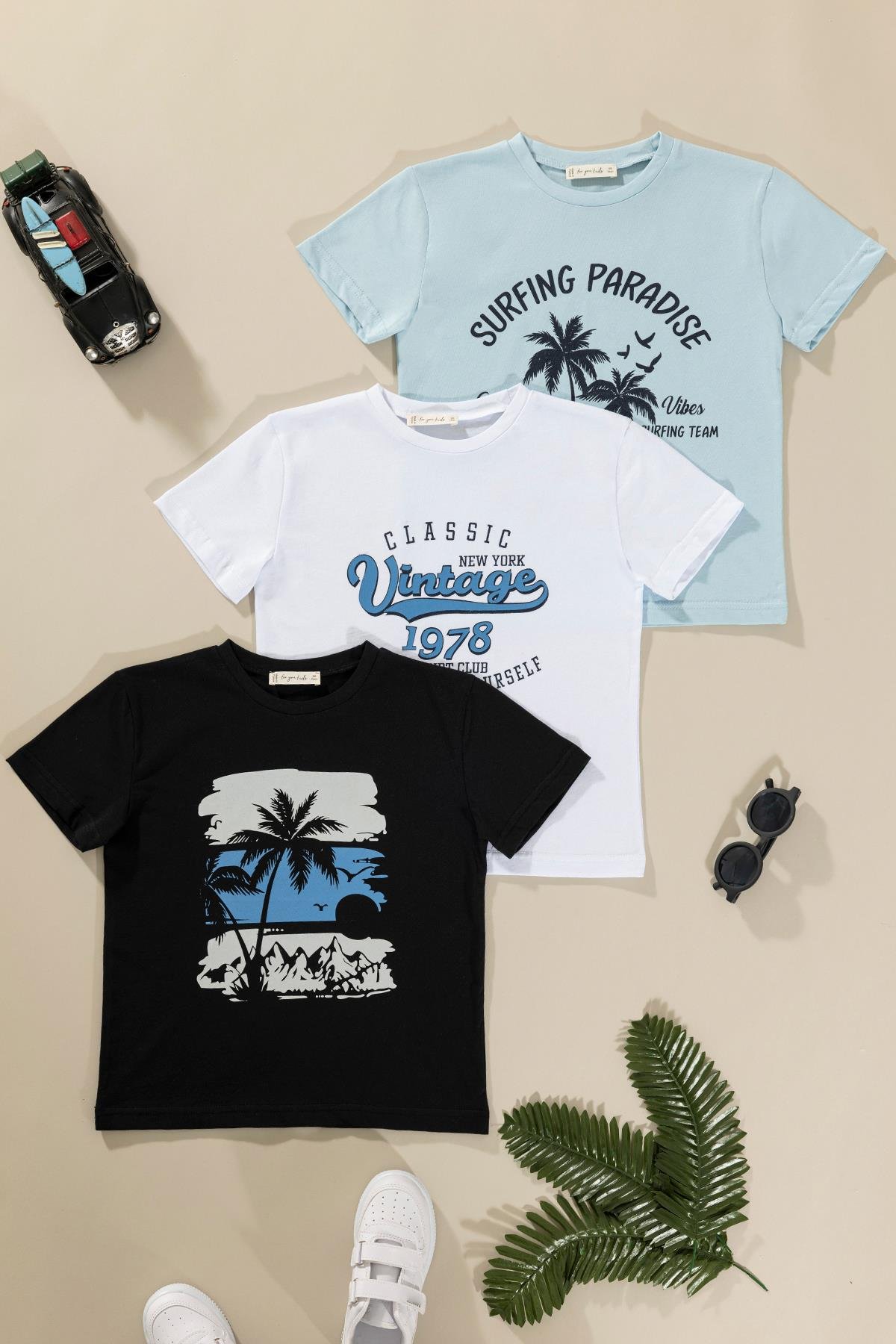 For You Kids 3'lü Safari Baskılı Siyah Beyaz Mavi Tshirt For You Kids 3'lü Safari Baskılı Siyah Beyaz Mavi Tshirt