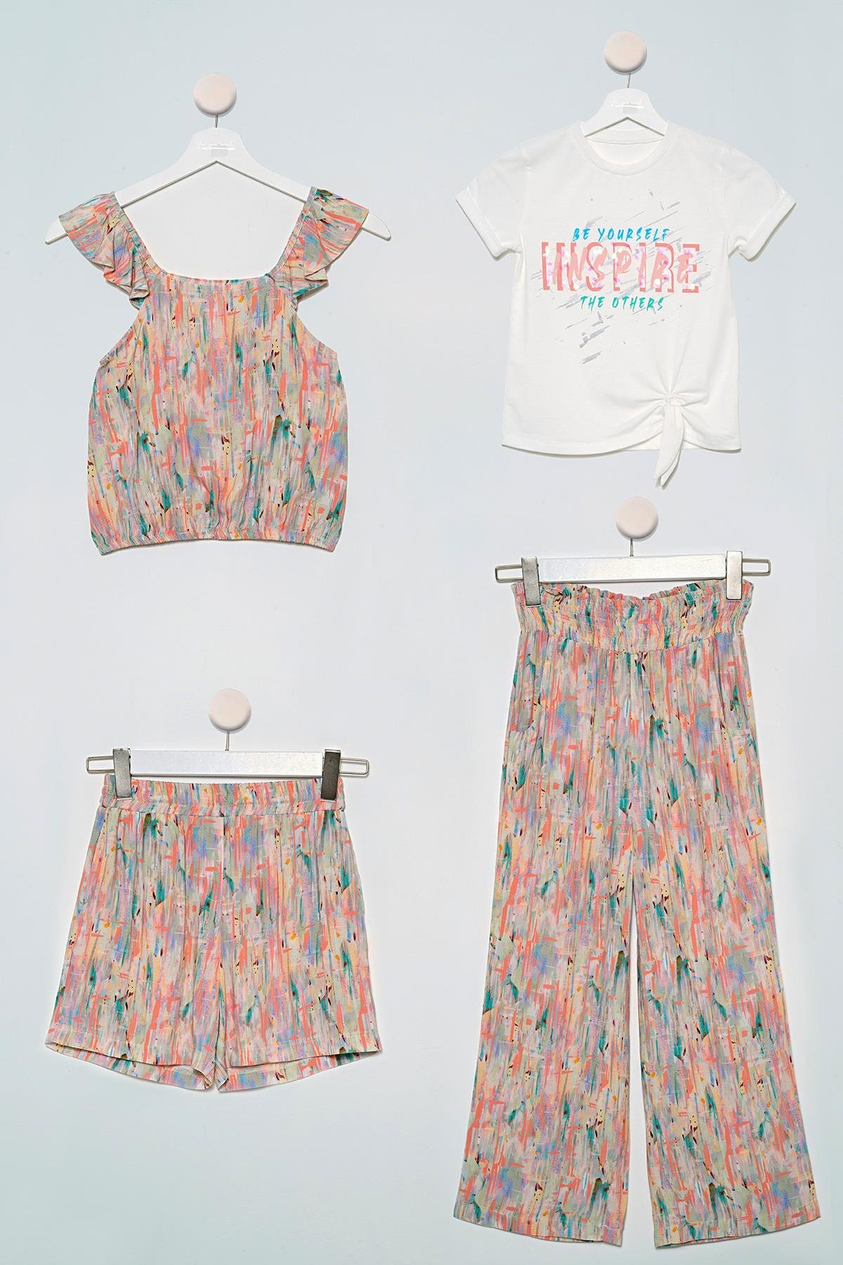 4'lü Desenli Bluz Tshirt Pantolon Şort Ekru Takım For You Kids 4'lü Desenli Bluz Tshirt Pantolon Şort Ekru Takım