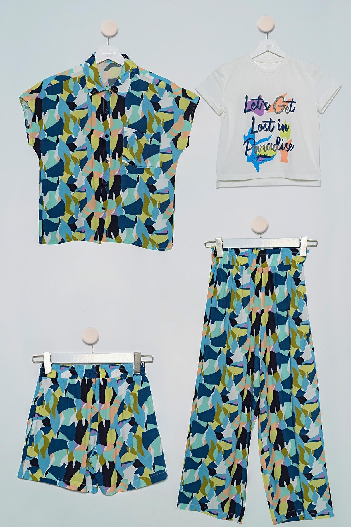 4'lü Desenli Gömlek Tshirt Pantolon Şort Lacivert Takım For You Kids 4'lü Desenli Gömlek Tshirt Pantolon Şort Lacivert Takım