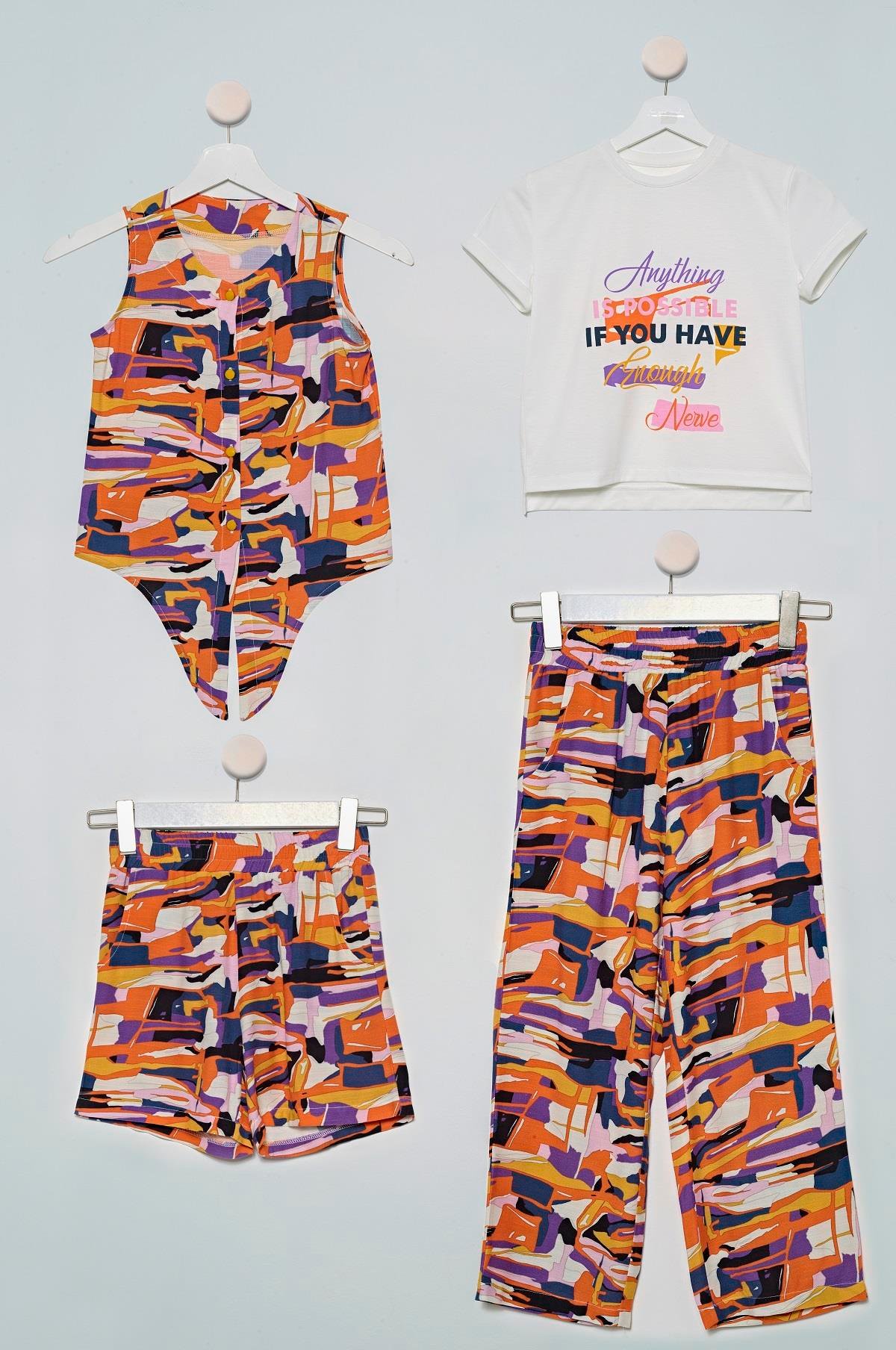 4'lü Desenli Gömlek Tshirt Pantolon Şort Lila Takım For You Kids 4'lü Desenli Gömlek Tshirt Pantolon Şort Lila Takım