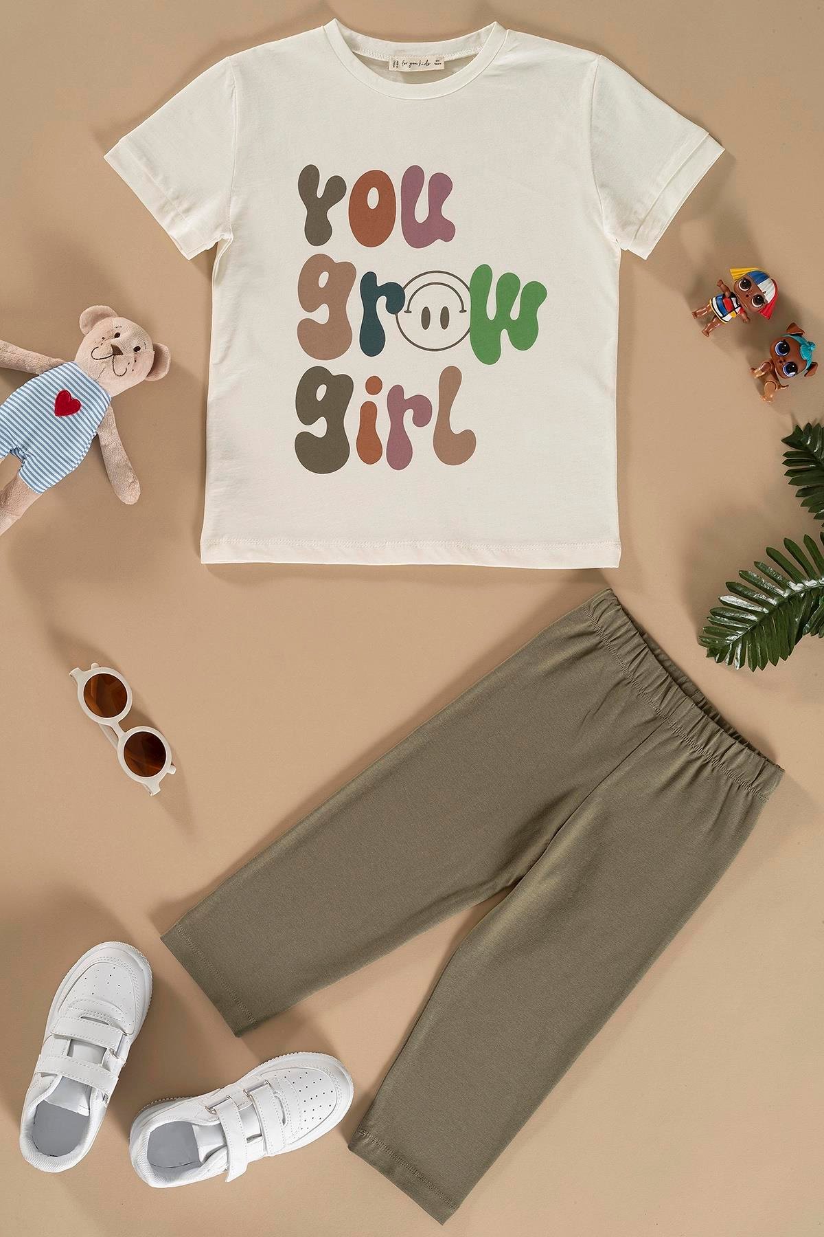 For You Kids Baskılı Tshirt Tayt Haki Alt Üst Takım For You Kids Baskılı Tshirt Tayt Haki Alt Üst Takım
