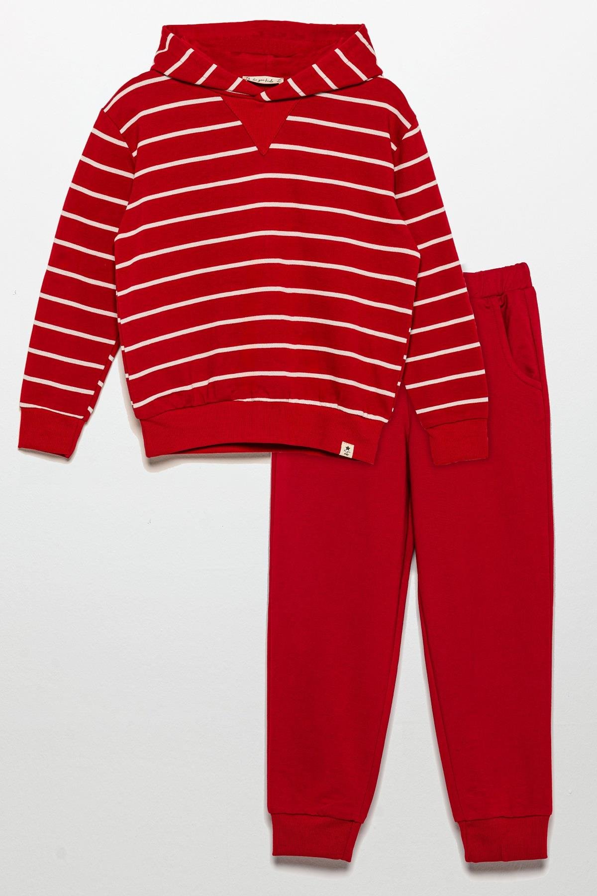 For You Kids Çizgili Kapişonlu Jogger Kırmızı Alt Üst Takım For You Kids Çizgili Kapişonlu Jogger Kırmızı Alt Üst Takım