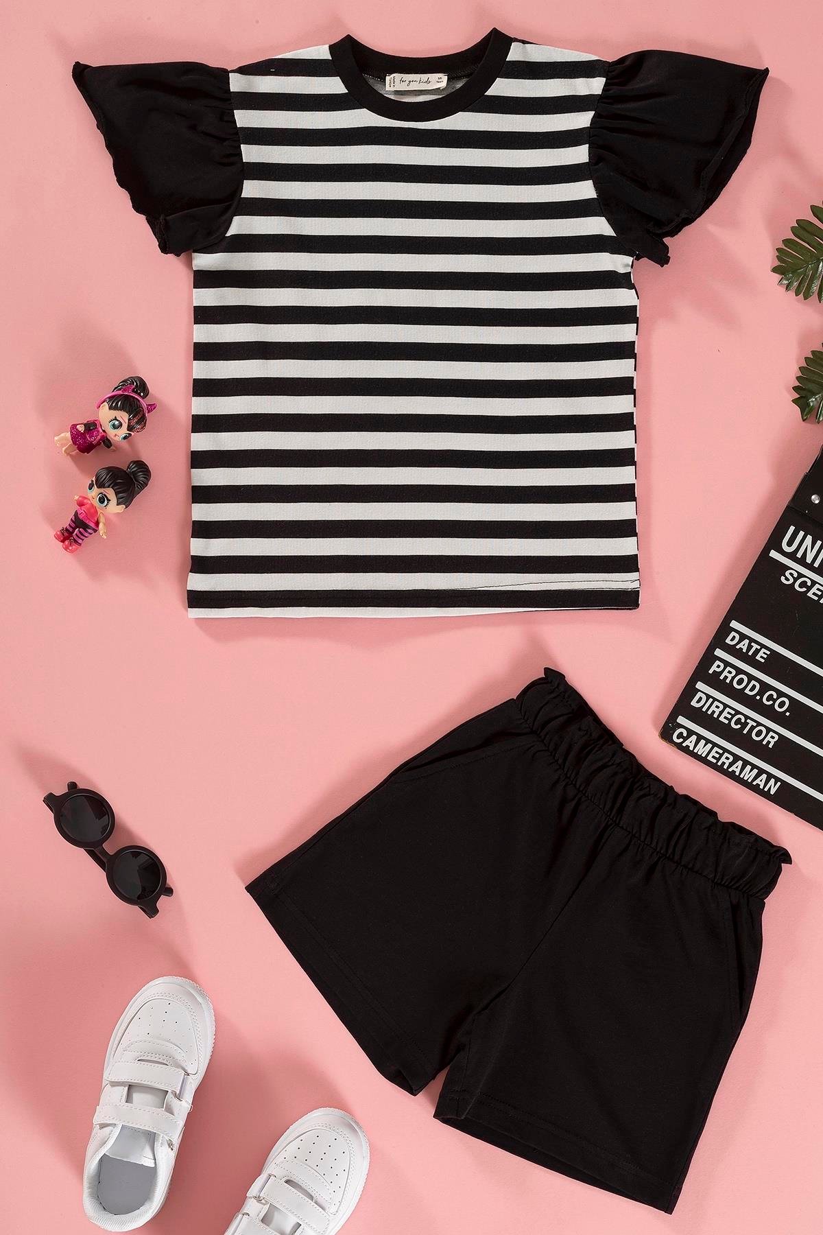 For You Kids Çizgili Volanlı Kol Tshirt Şort Siyah Takım For You Kids Çizgili Volanlı Kol Tshirt Şort Siyah Takım