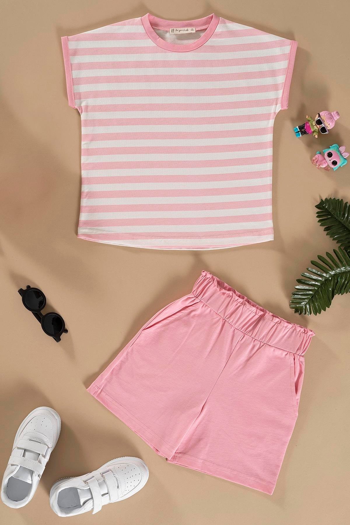 For You Kids Çizgili Yarasa Kol Pembe Alt Üst Takım For You Kids Çizgili Yarasa Kol Pembe Alt Üst Takım