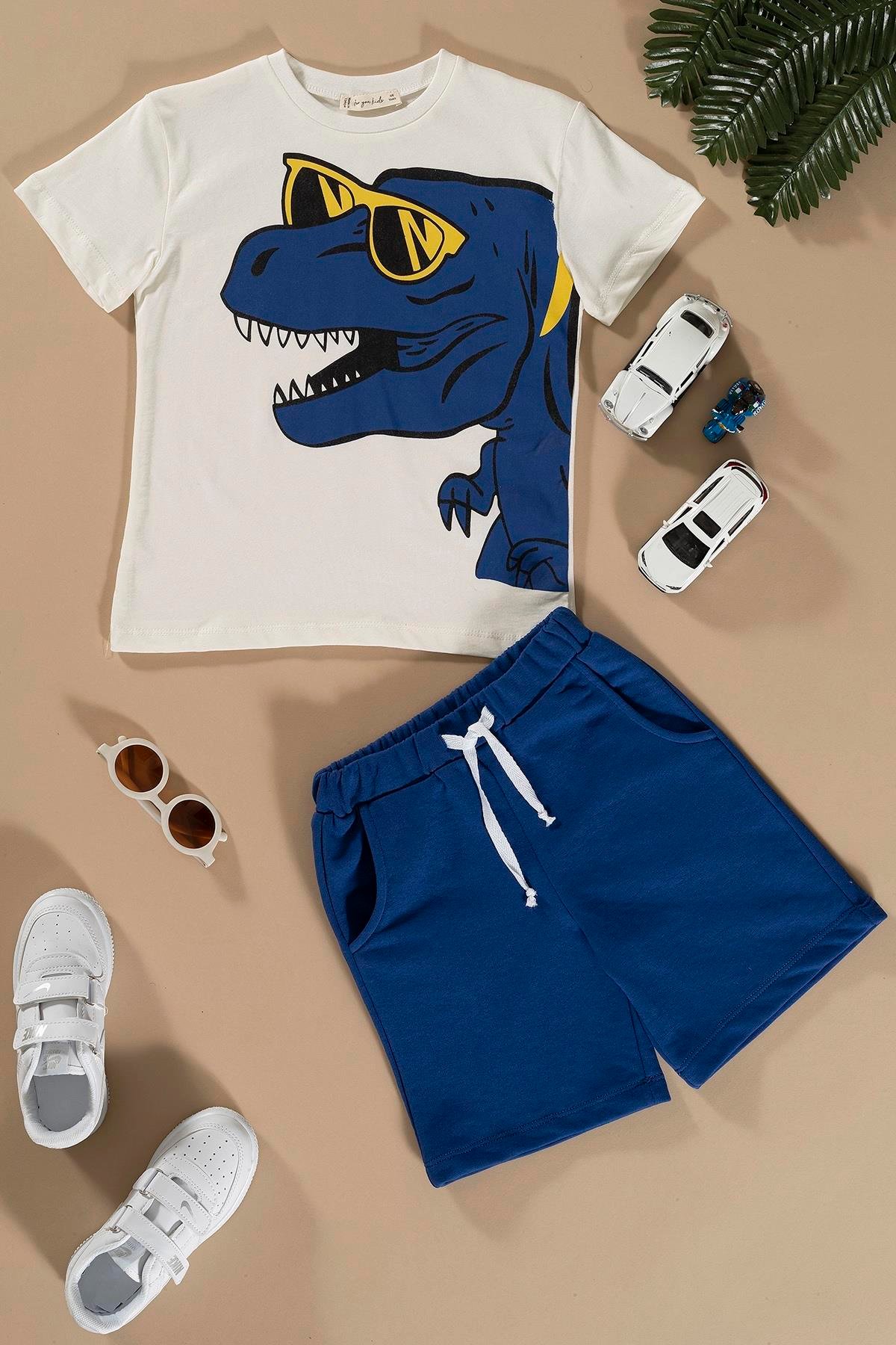 For You Kids Dinozor Baskılı Saks Alt Üst Şort Takım  For You Kids Dinozor Baskılı Saks Alt Üst Şort Takım