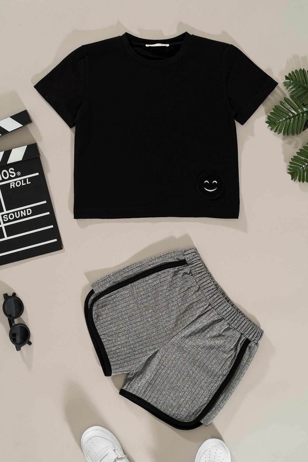 For You Kids Emoji Detaylı Siyah Alt Üst Şort Takım For You Kids Emoji Detaylı Siyah Alt Üst Şort Takım