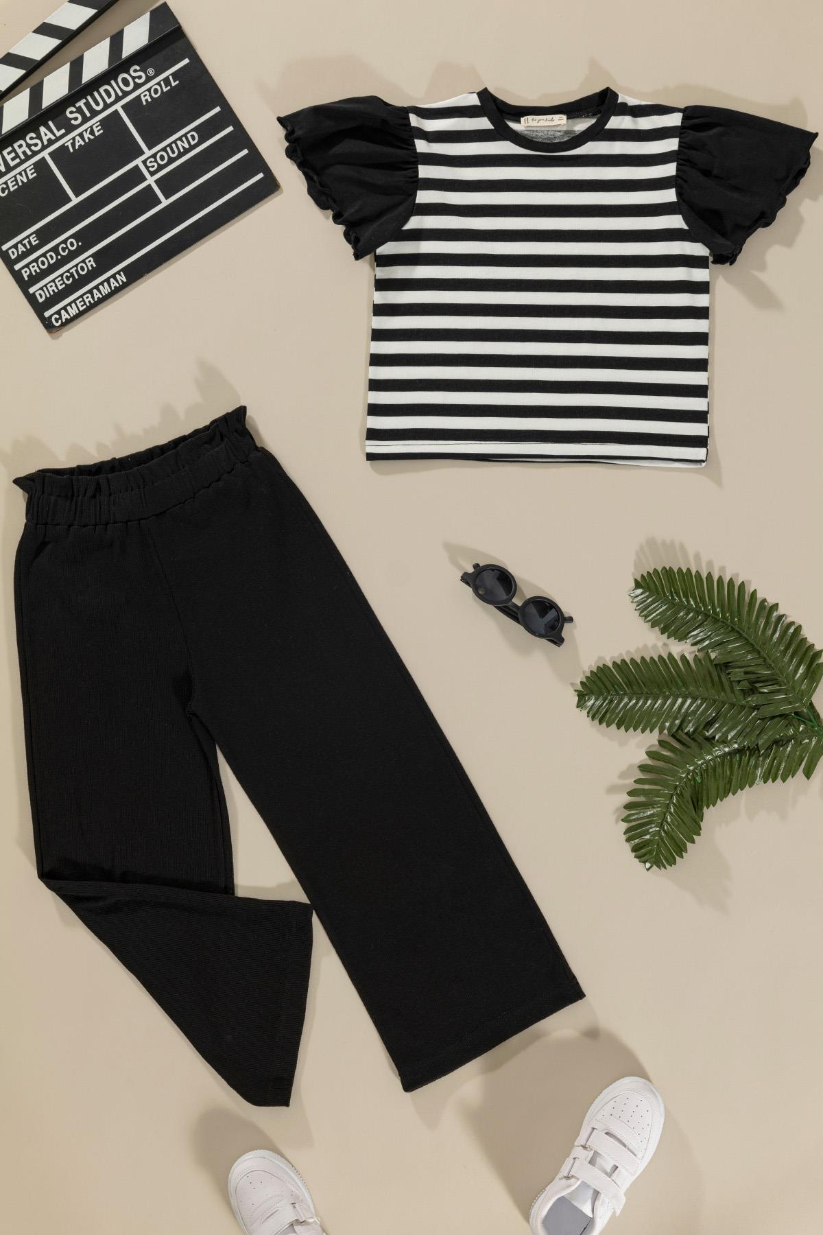 For You Kids Fırfır Detaylı Cizgili Tsihrt Pantolon Siyah Takım  For You Kids Fırfır Detaylı Cizgili Tsihrt Pantolon Siyah Takım 