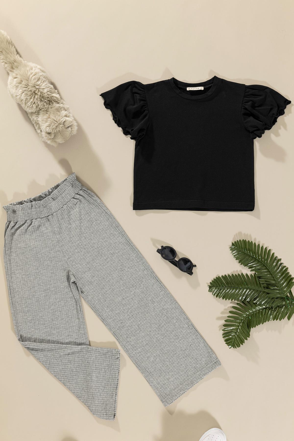 For You Kids Fırfır Detaylı Tsihrt Pantolon Gri Takım For You Kids Fırfır Detaylı Tsihrt Pantolon Gri Takım