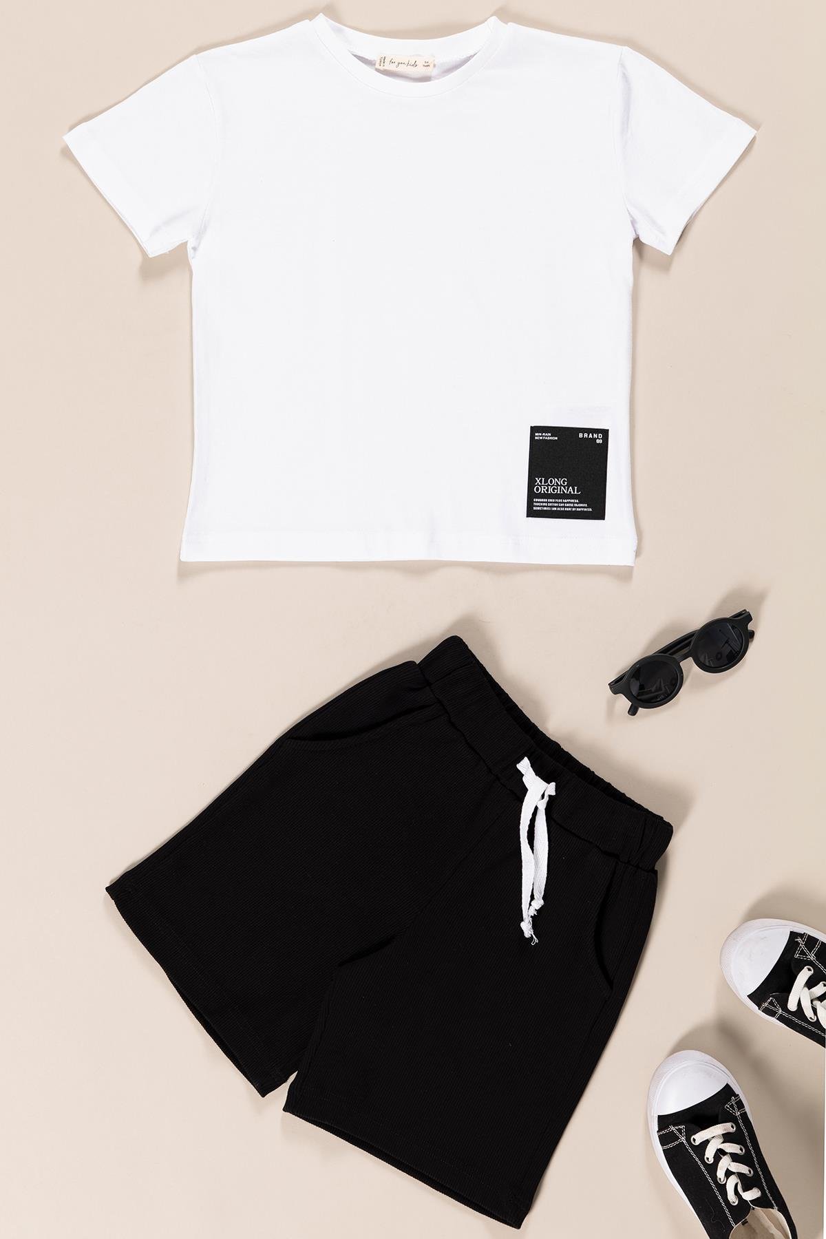 For You Kids Geniş Etiket Detaylı Erkek Çocuk T-Shirt Şort Takım | Siyah Beyaz For You Kids Geniş Etiket Detaylı Erkek Çocuk T-Shirt Şort Takım | Siyah Beyaz