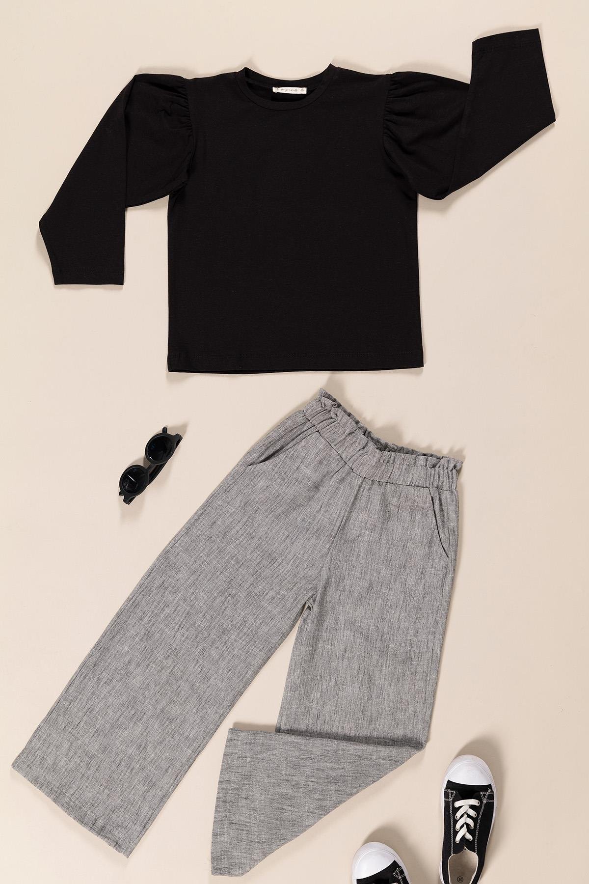 For You Kids Kız Çocuk Keten Pantolon ve Pamuk Sweatshirt Takım – Siyah Üst & Gri Alt (2’li Set) For You Kids Kız Çocuk Keten Pantolon ve Pamuk Sweatshirt Takım – Siyah Üst & Gri Alt (2’li Set)