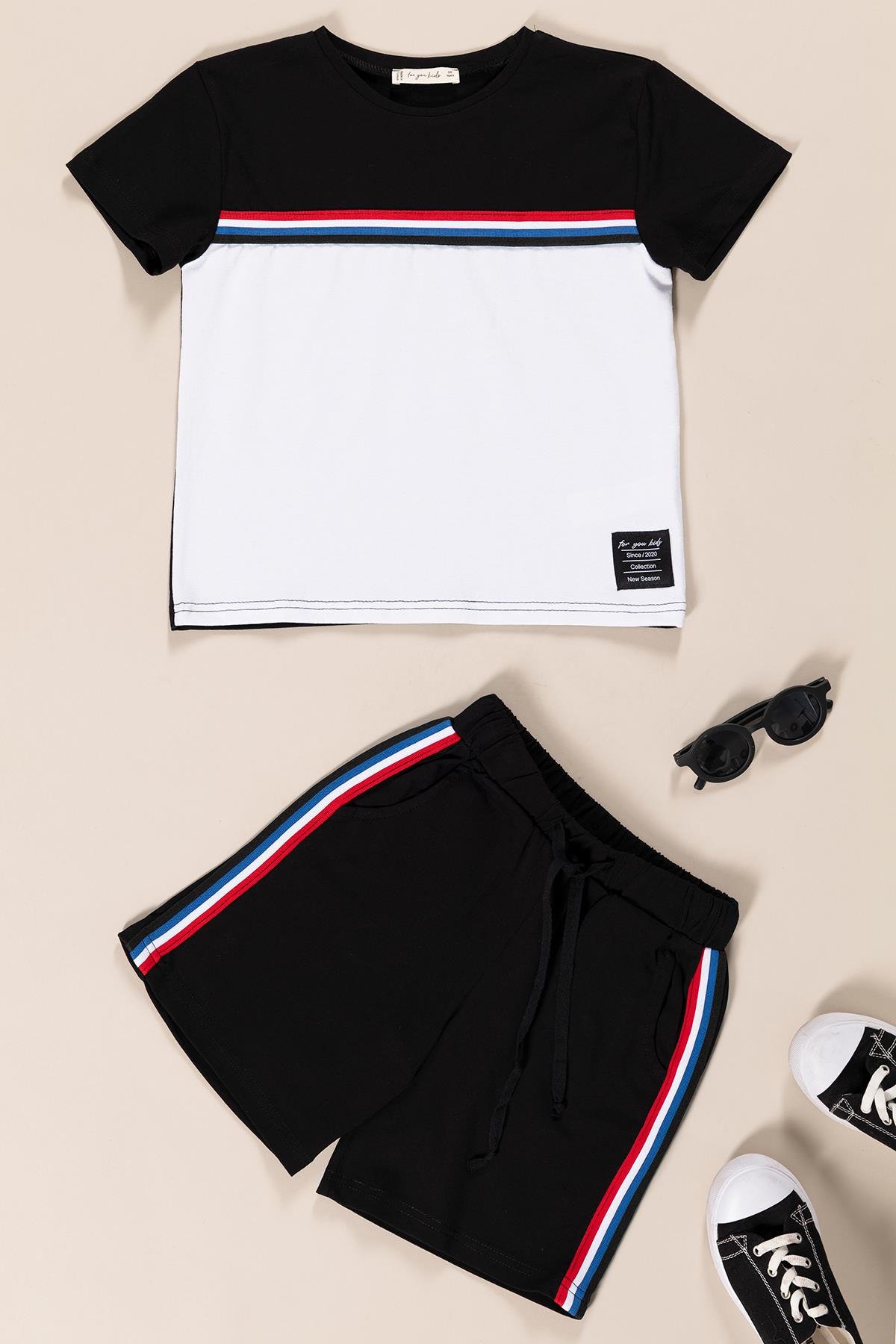 For You Kids Önü ve Yanı Renkli Şerit Çizgili Etiket Detay Erkek Çocuk T-Shirt Şort Takım | Siyah Beyaz  For You Kids Önü ve Yanı Renkli Şerit Çizgili Etiket Detay Erkek Çocuk T-Shirt Şort Takım | Siyah Beyaz 