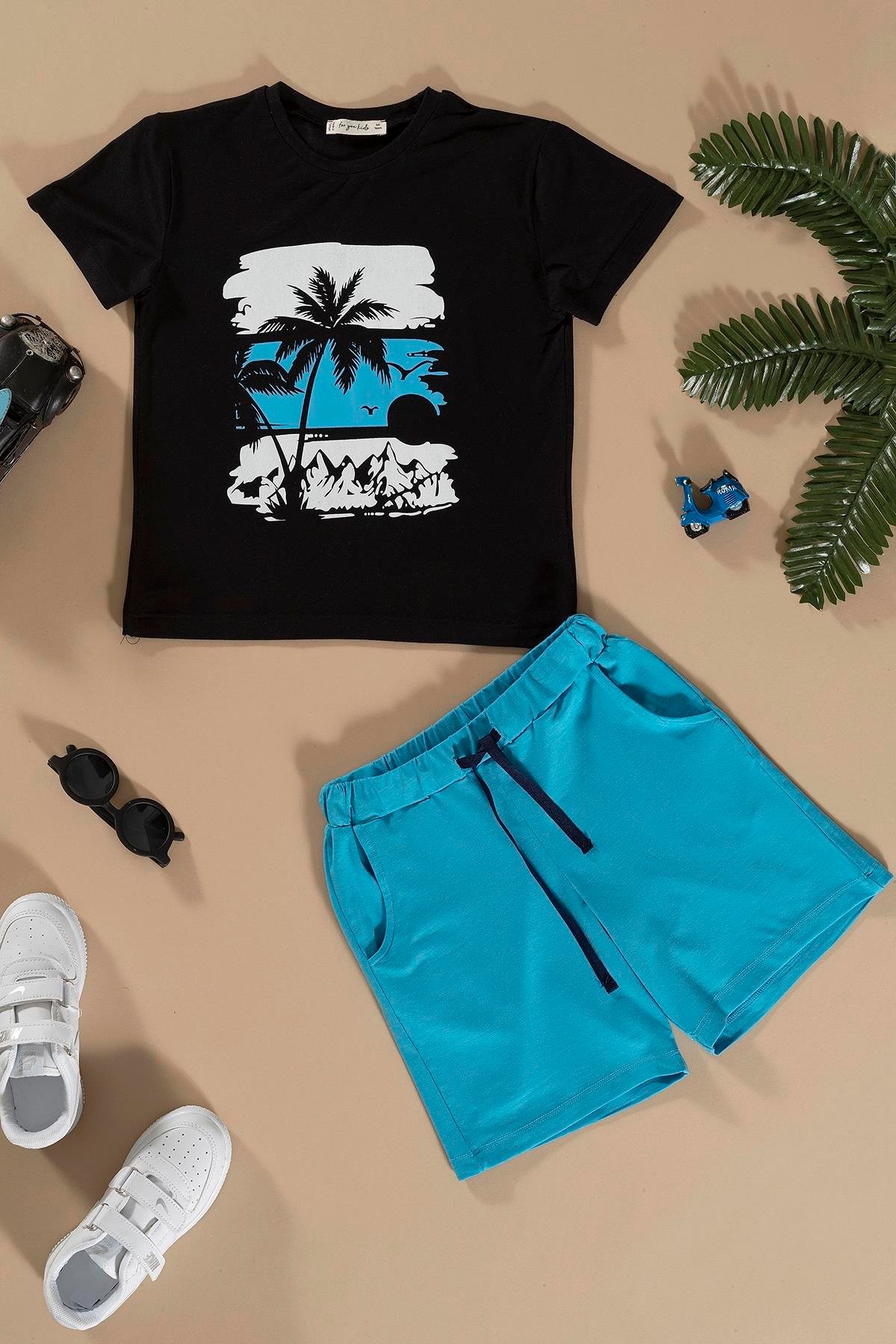 For You Kids Safari Baskılı Siyah Alt Üst Şort Takım  For You Kids Safari Baskılı Siyah Alt Üst Şort Takım