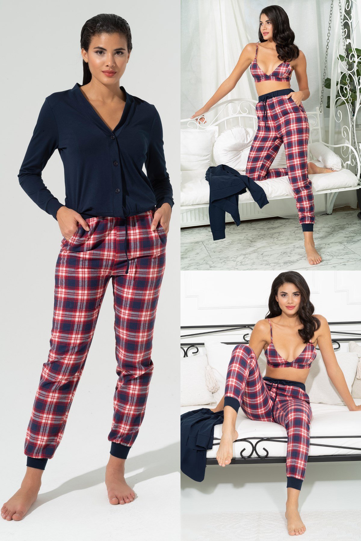 For You Loungewear/For You Moda For You Loungewear For You Loungewear 3 lü Ekoseli Büstiyer Hırka Lacivert Takım