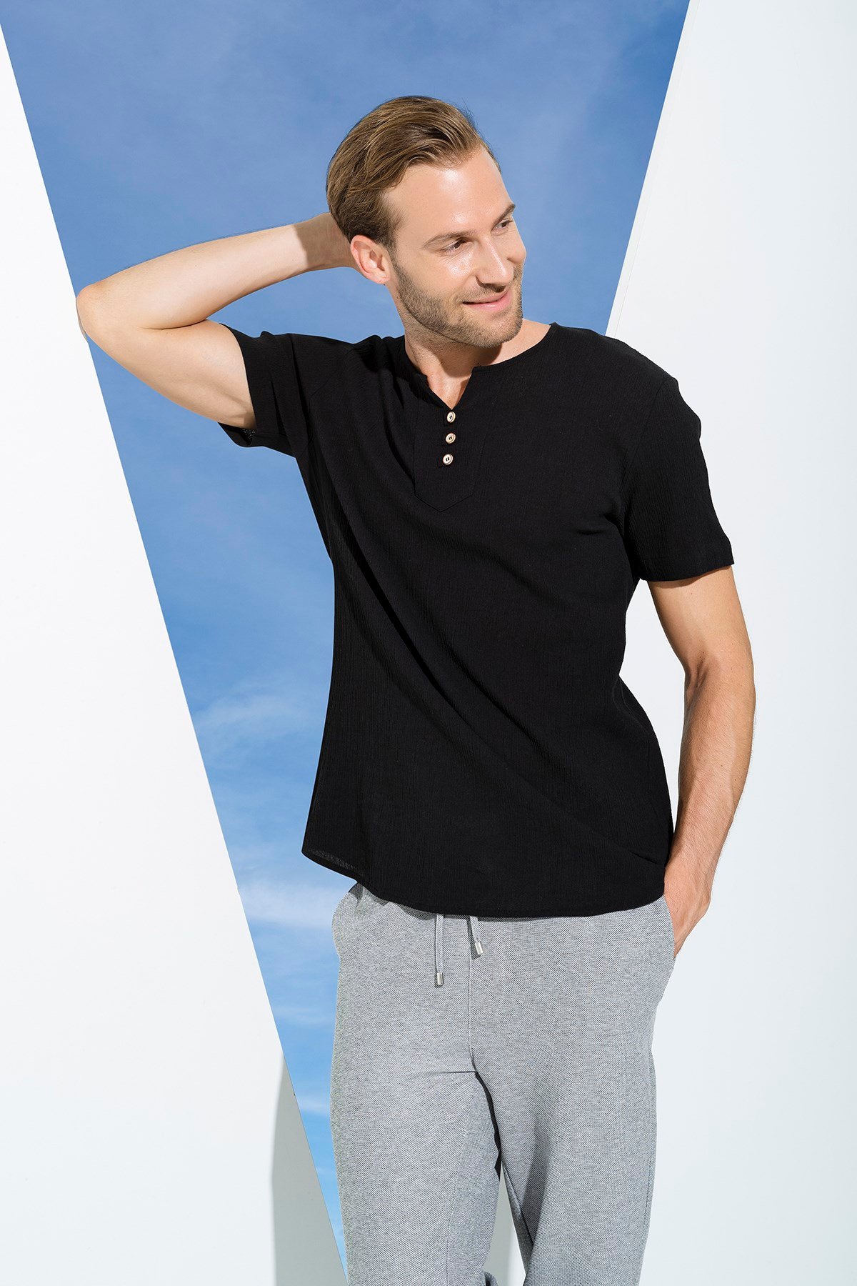 For You Man/For You Moda For You Man For You Man Organik 3 Düğme Kısakol Siyah Gömlek