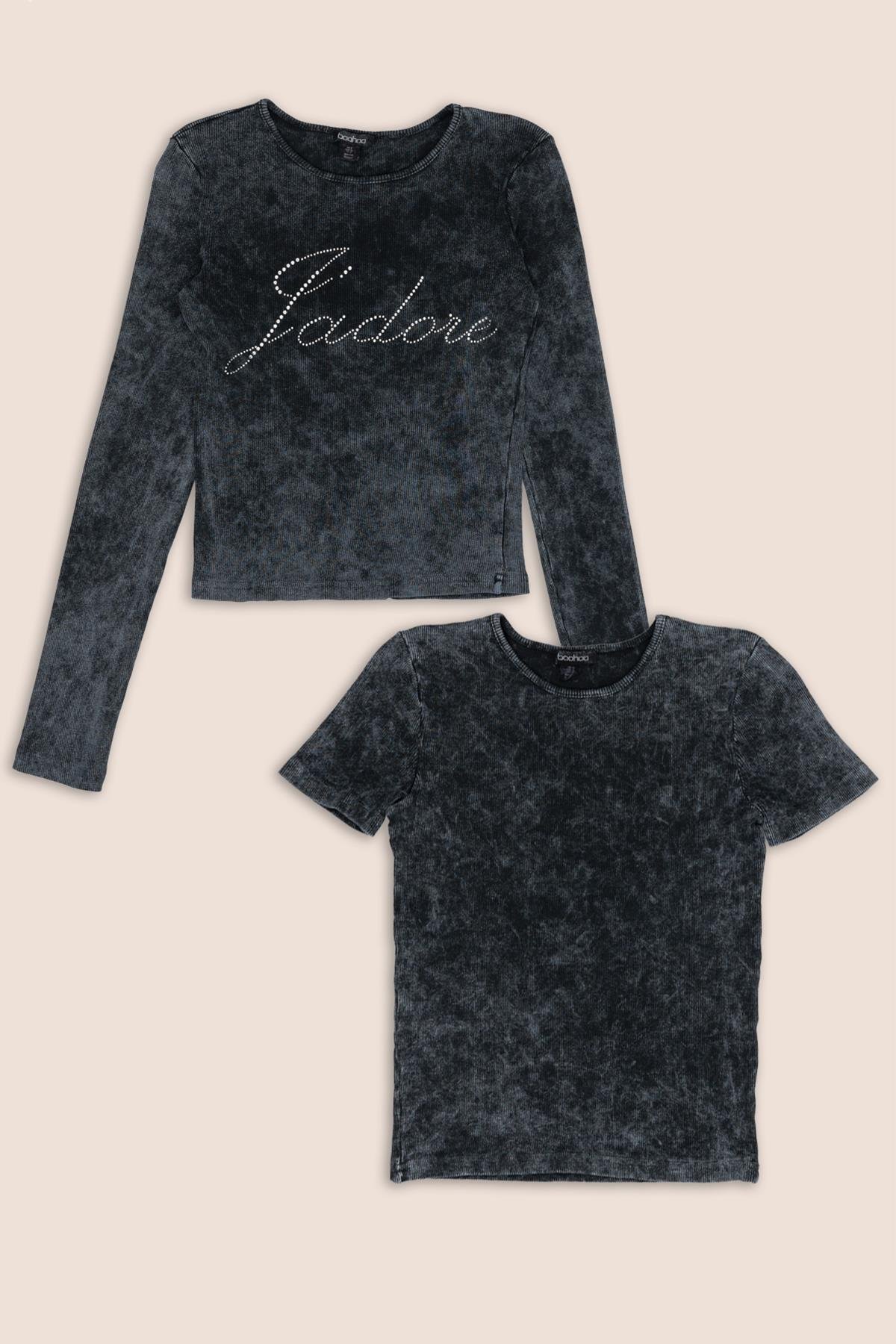 For You Moda 2'li Yıkamalı Taşlı Uzun ve Kısa Kol Antrasit Tshirt For You Moda 2'li Yıkamalı Taşlı Uzun ve Kısa Kol Antrasit Tshirt