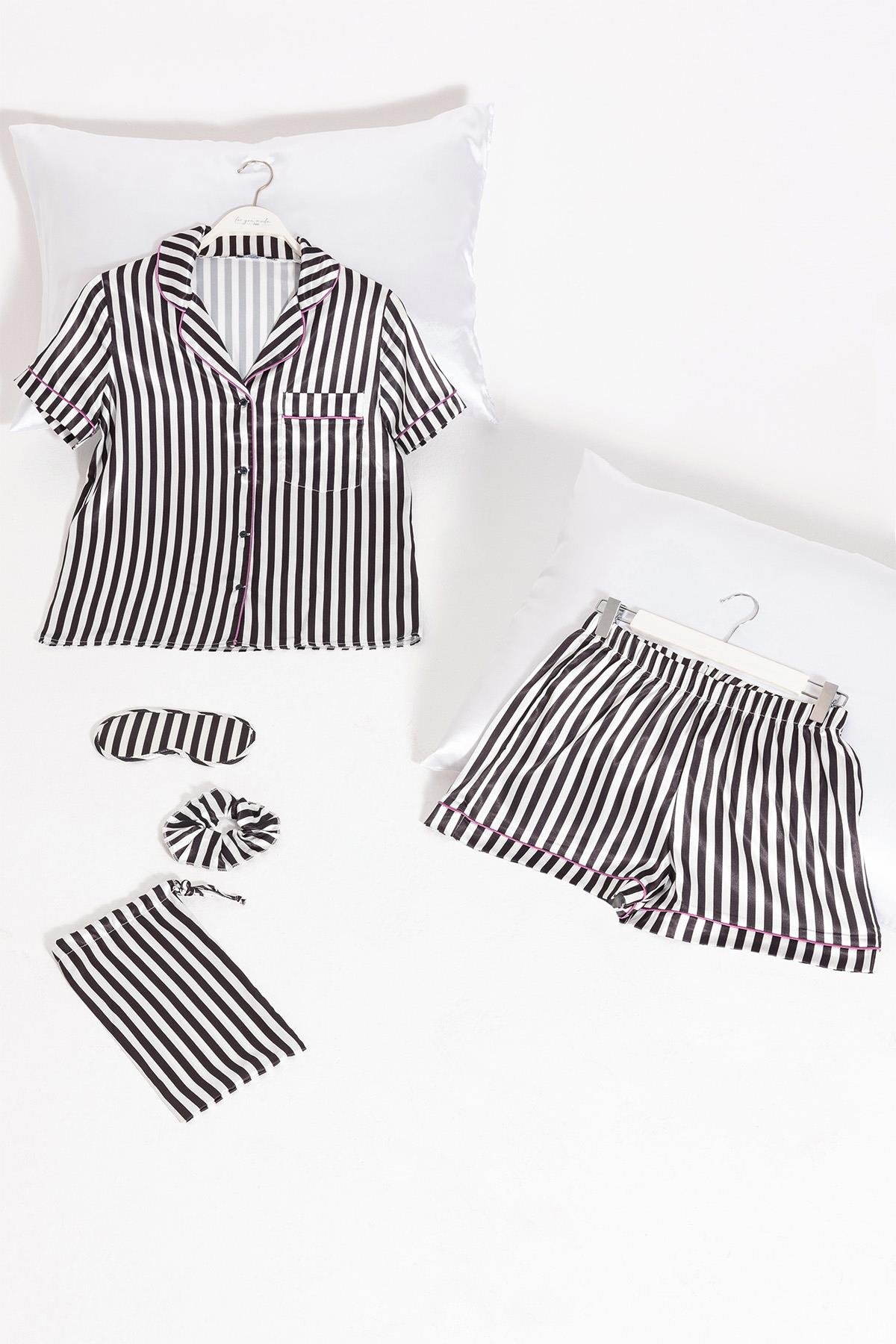 For You Moda 5'li Siyah Beyaz Çizgili Saten Pijama Şort Takım For You Moda 5'li Siyah Beyaz Çizgili Saten Pijama Şort Takım