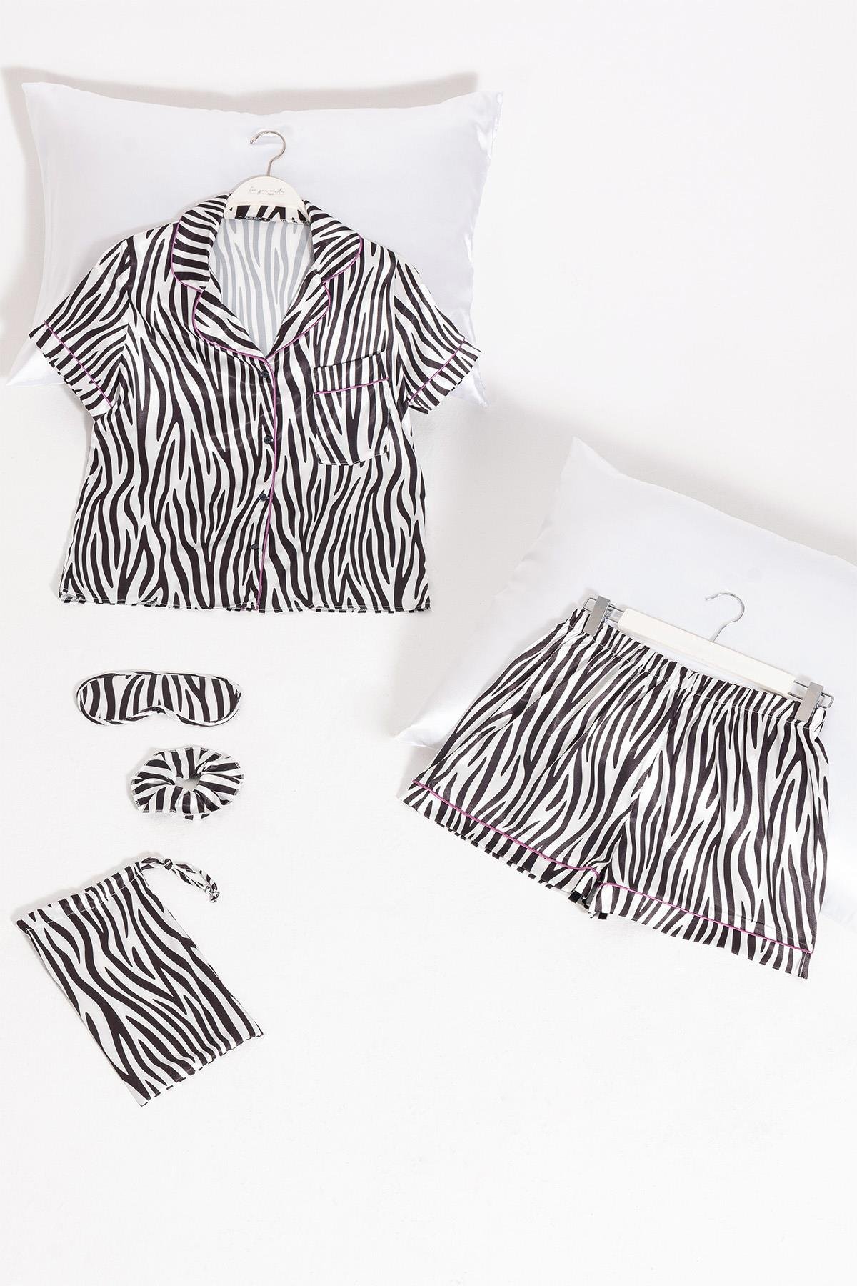 For You Moda 5'li Zebra Desenli Saten Pijama Şort Takım For You Moda 5'li Zebra Desenli Saten Pijama Şort Takım