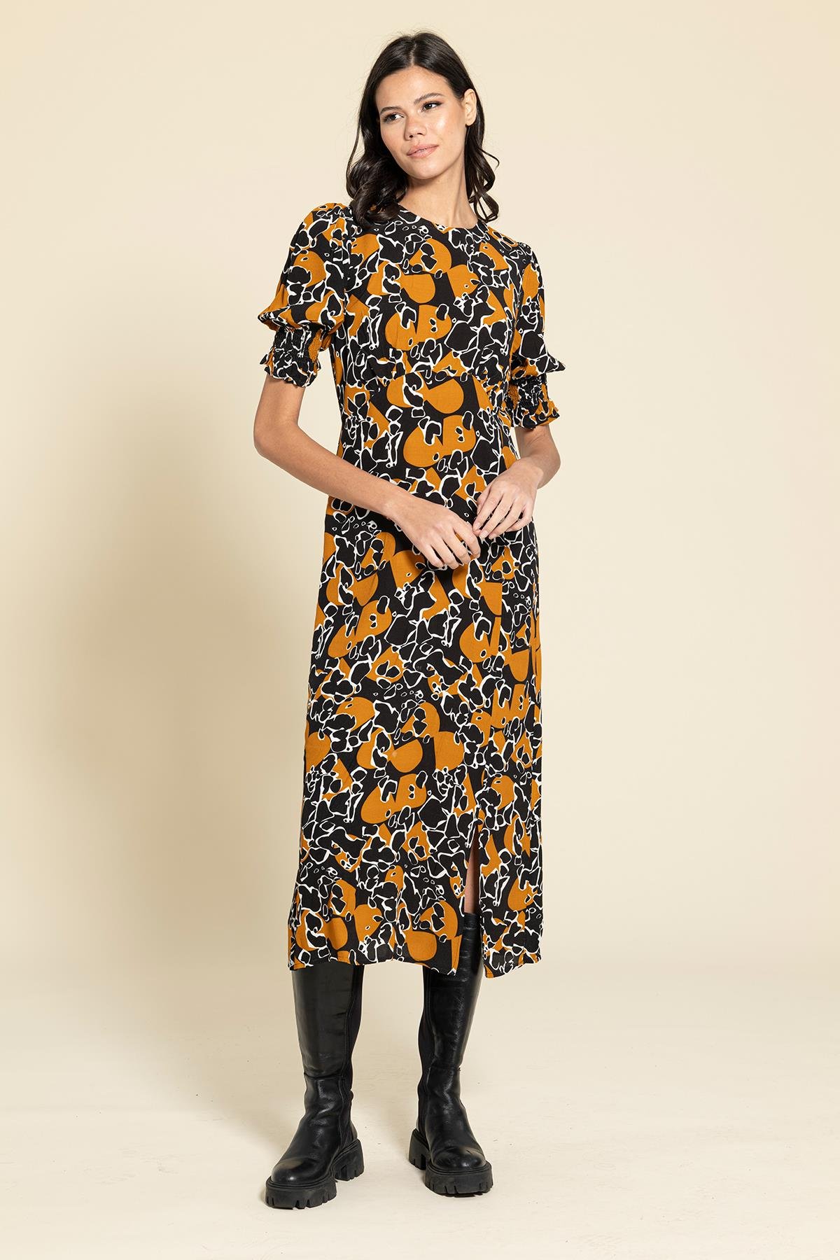 For You Moda Kol Büzgülü Yırtmaçlı Kiremit Elbise For You Moda Kol Büzgülü Yırtmaçlı Kiremit Elbise