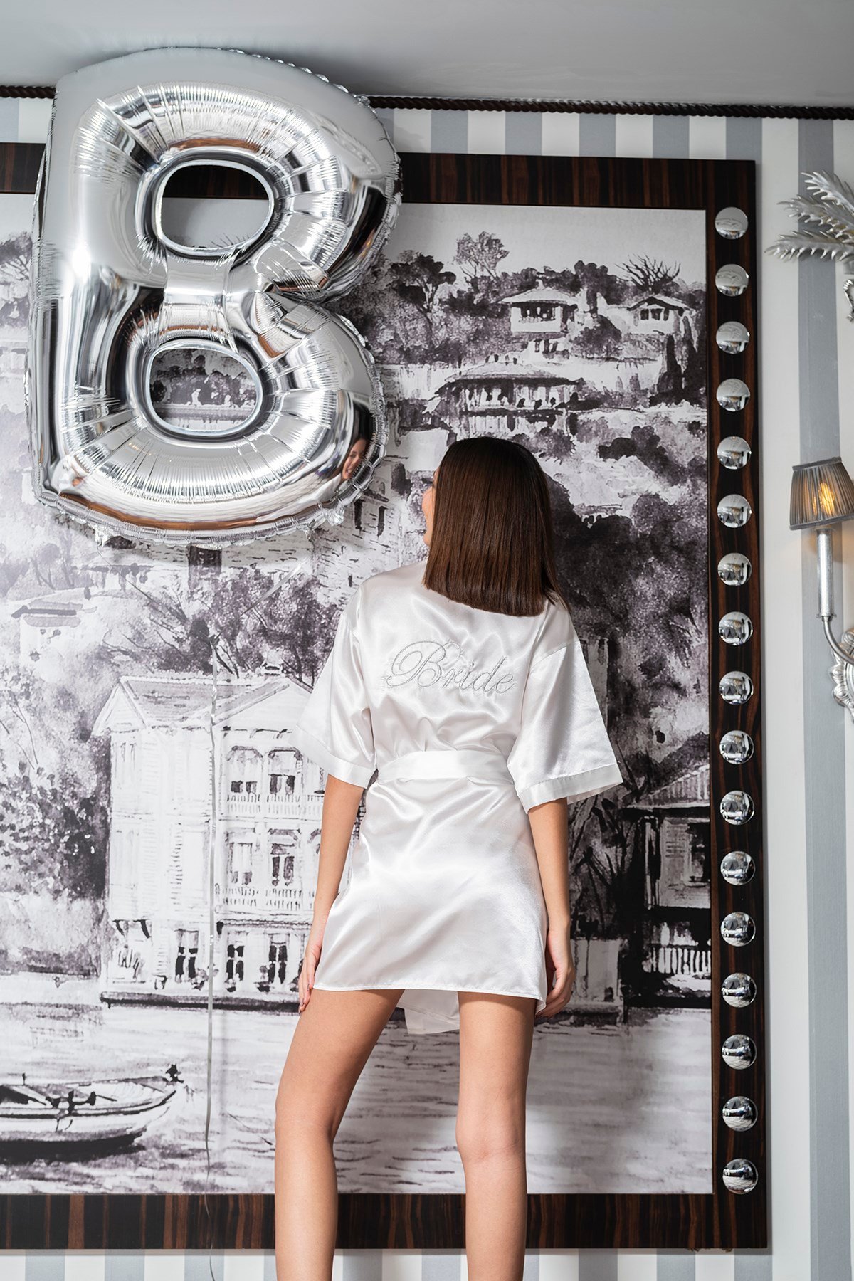 For You Moda Kadın Saten Gümüş Bride Nakışlı Ekru Gelin Sabahlıgı