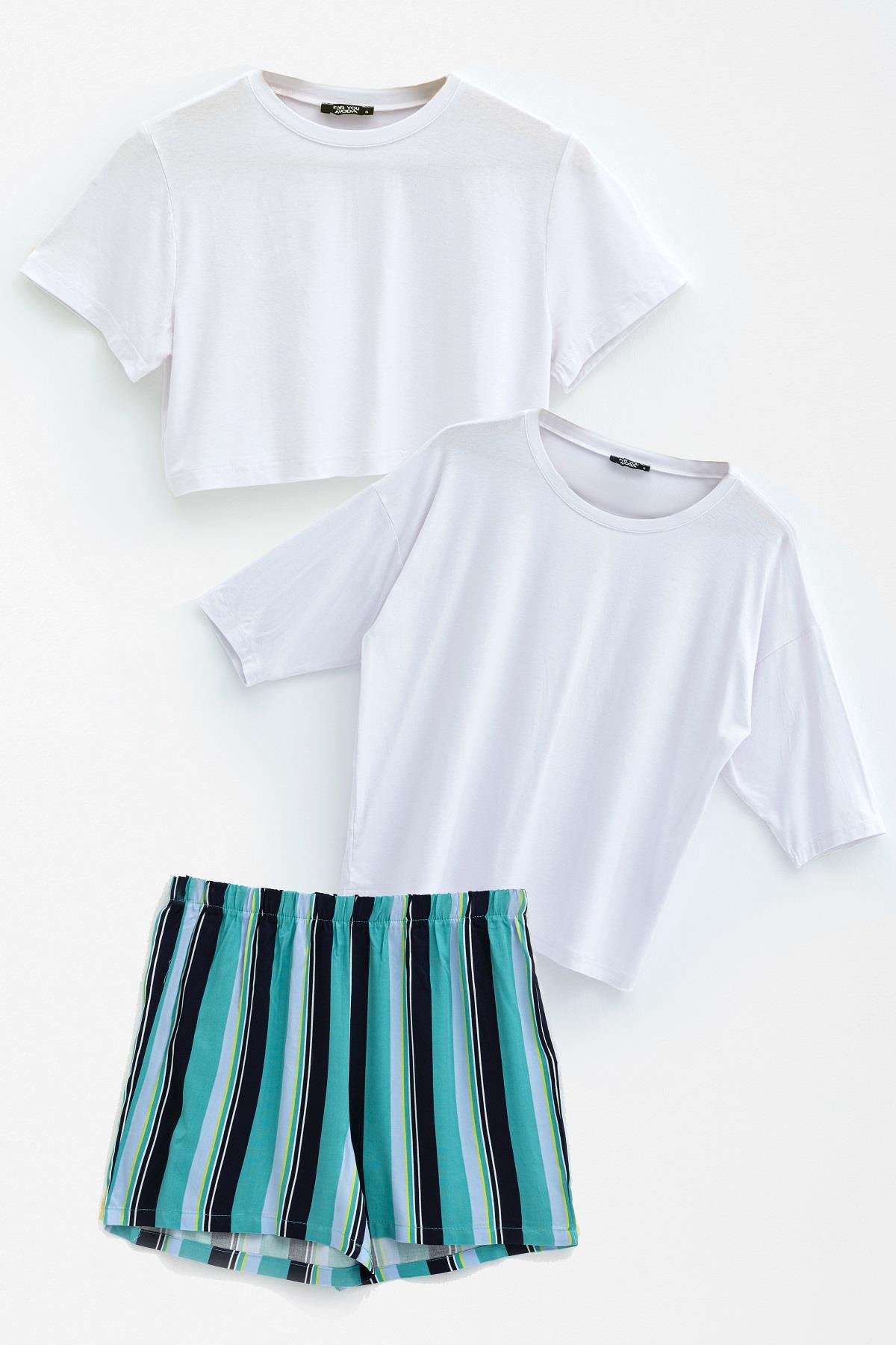 For You Sleepwear 3'lü Crop Kısa  Kol ve Yarasa Kol Tshirt  Şort Takım For You Sleepwear 3'lü Crop Kısa  Kol ve Yarasa Kol Tshirt  Şort Takım