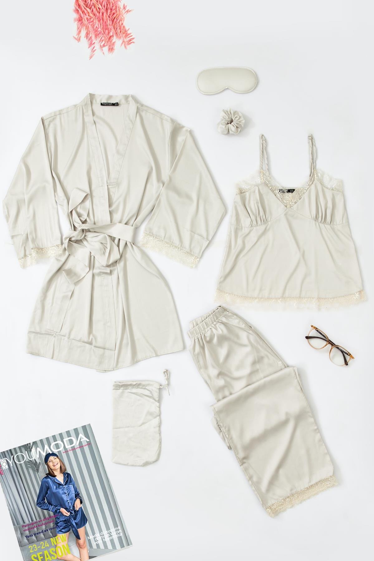 For You Sleepwear 6 lı Dantelli Sabahlık Atlet Pantolon Gri Pijama Takım  For You Sleepwear 6'lı Dantelli Sabahlık Atlet Pantolon Gri Pijama Takım