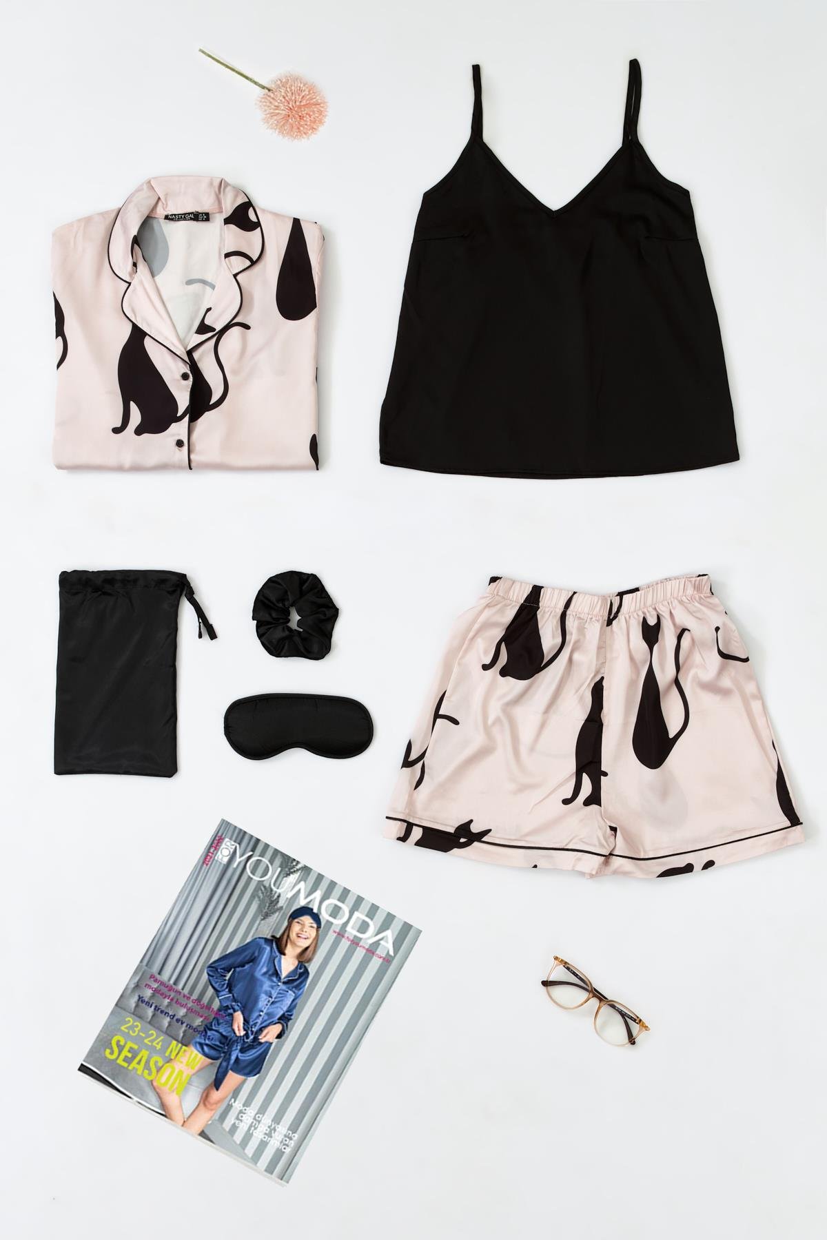 For You Sleepwear 6 lı Kedi Desen Pembe Saten Pijama Şort Takım For You Sleepwear 6'lı Kedi Desen Pembe Saten Pijama Şort Takım