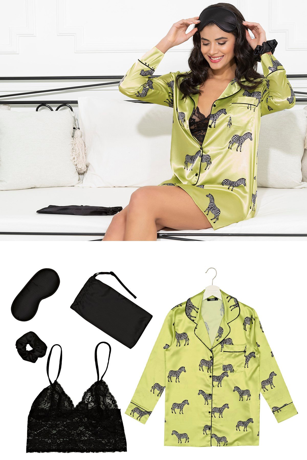 For You Sleepwear/For You Moda For You Sleepwear For You Sleepwear Saten 5 li  Zebra Desenli Nightshirt Takım 