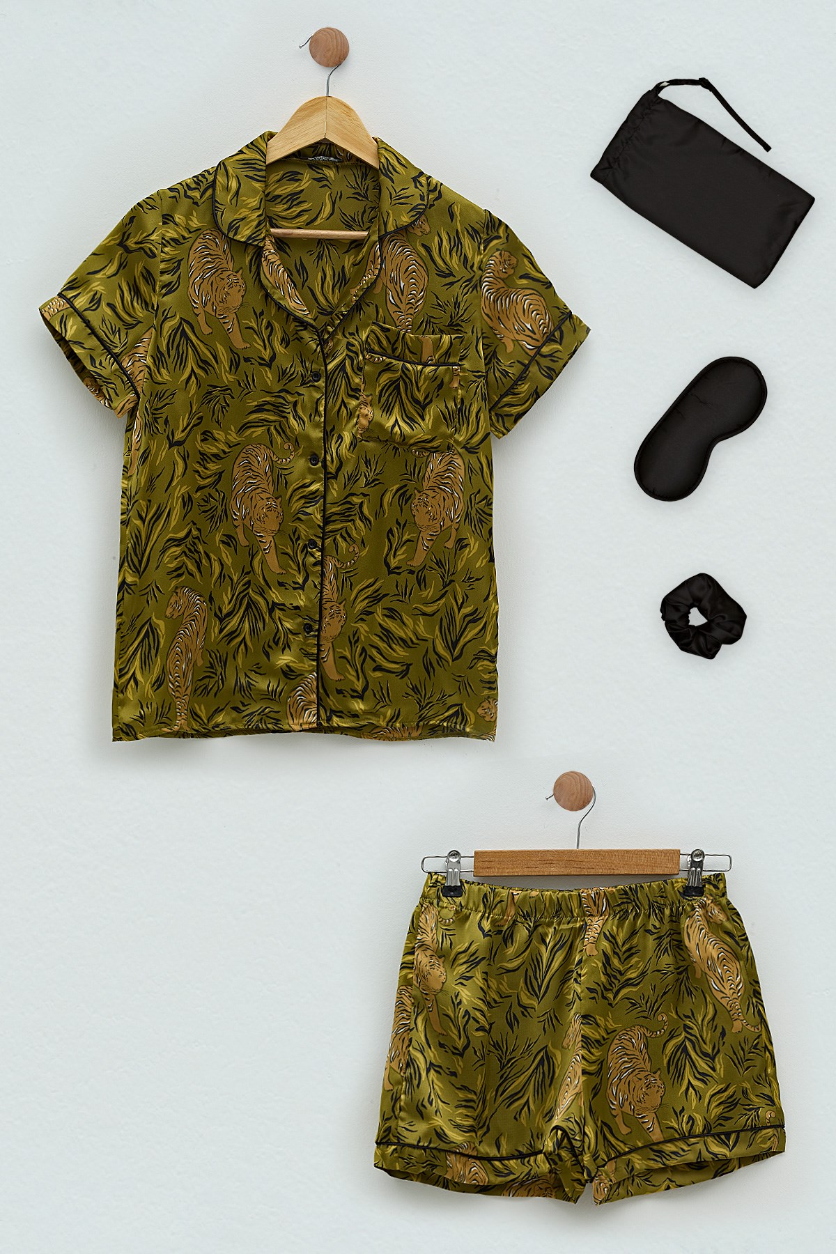 For You Sleepwear/For You Moda For You Sleepwear For you Sleepwear 5 li Saten Kaplan Desen Yeşil Pijama Şort Takım 