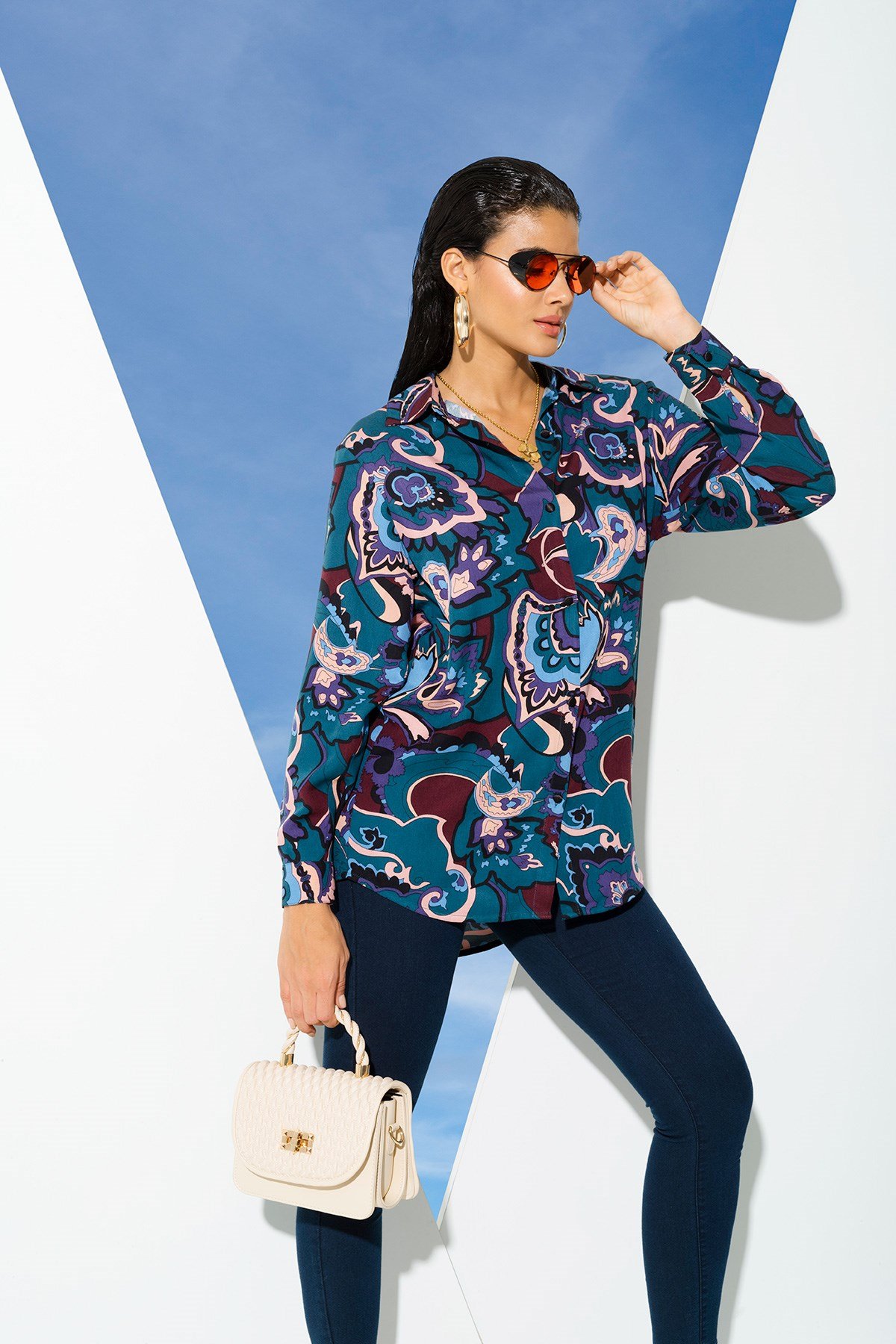 For You Woman/For You Moda For You Woman For You Woman Yeşil Etnik Desen Viskon Gömlek