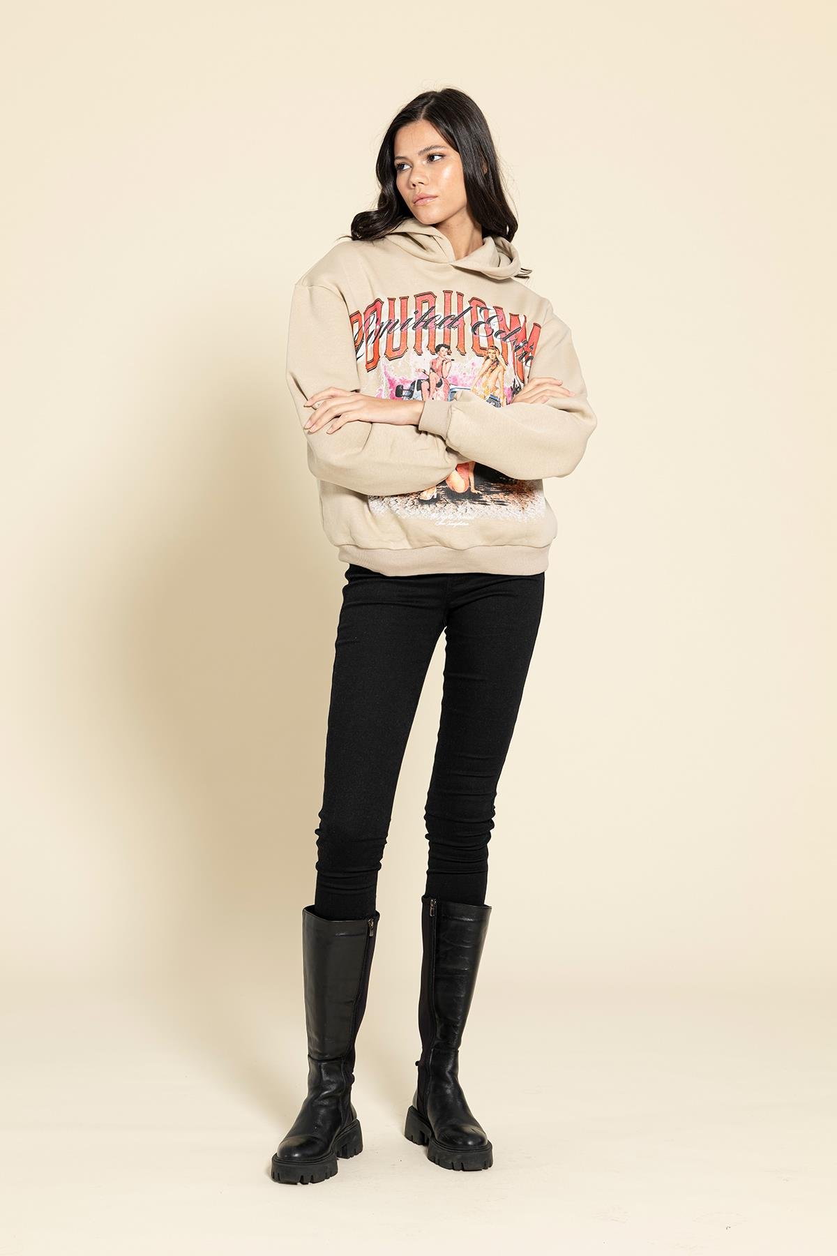 For You Woman Oversize Kapişonlu Baskılı Taş Sweatshirt  For You Woman Oversize Kapişonlu Baskılı Taş Sweatshirt